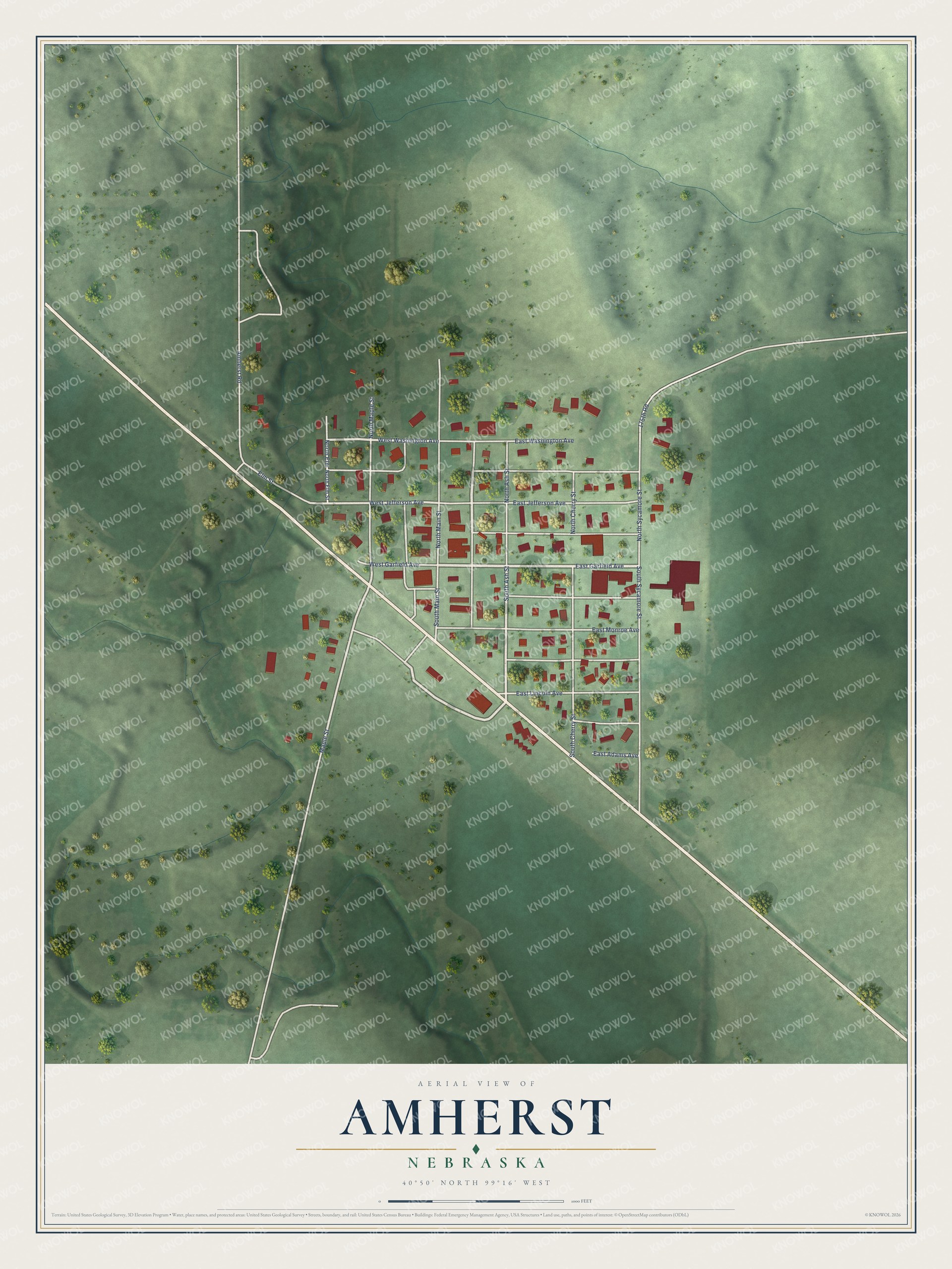 Full map of Amherst, Nebraska, with red buildings, printed street names and the land around them