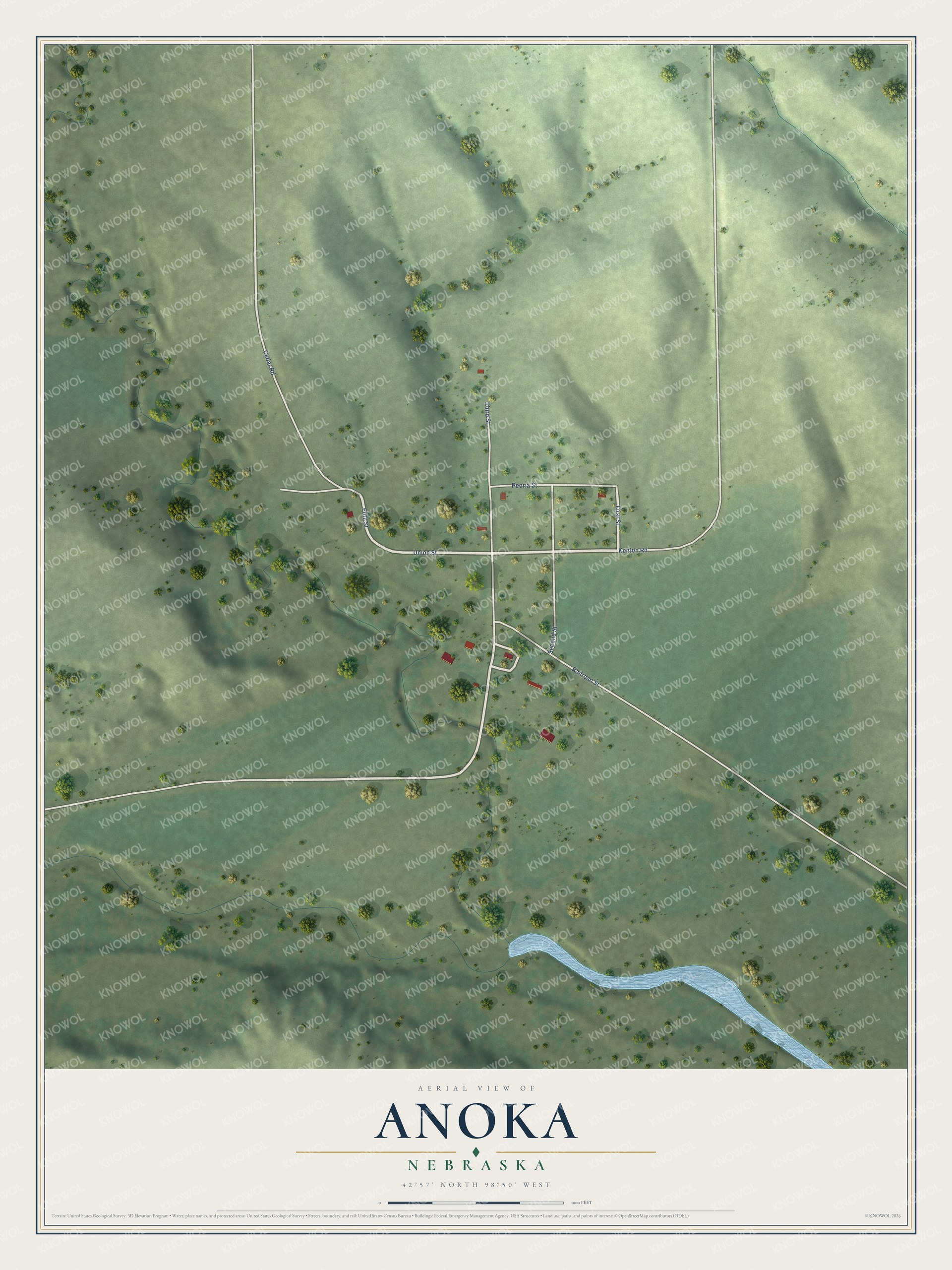 Full map of Anoka, Nebraska, with red buildings, printed street names and the land around them