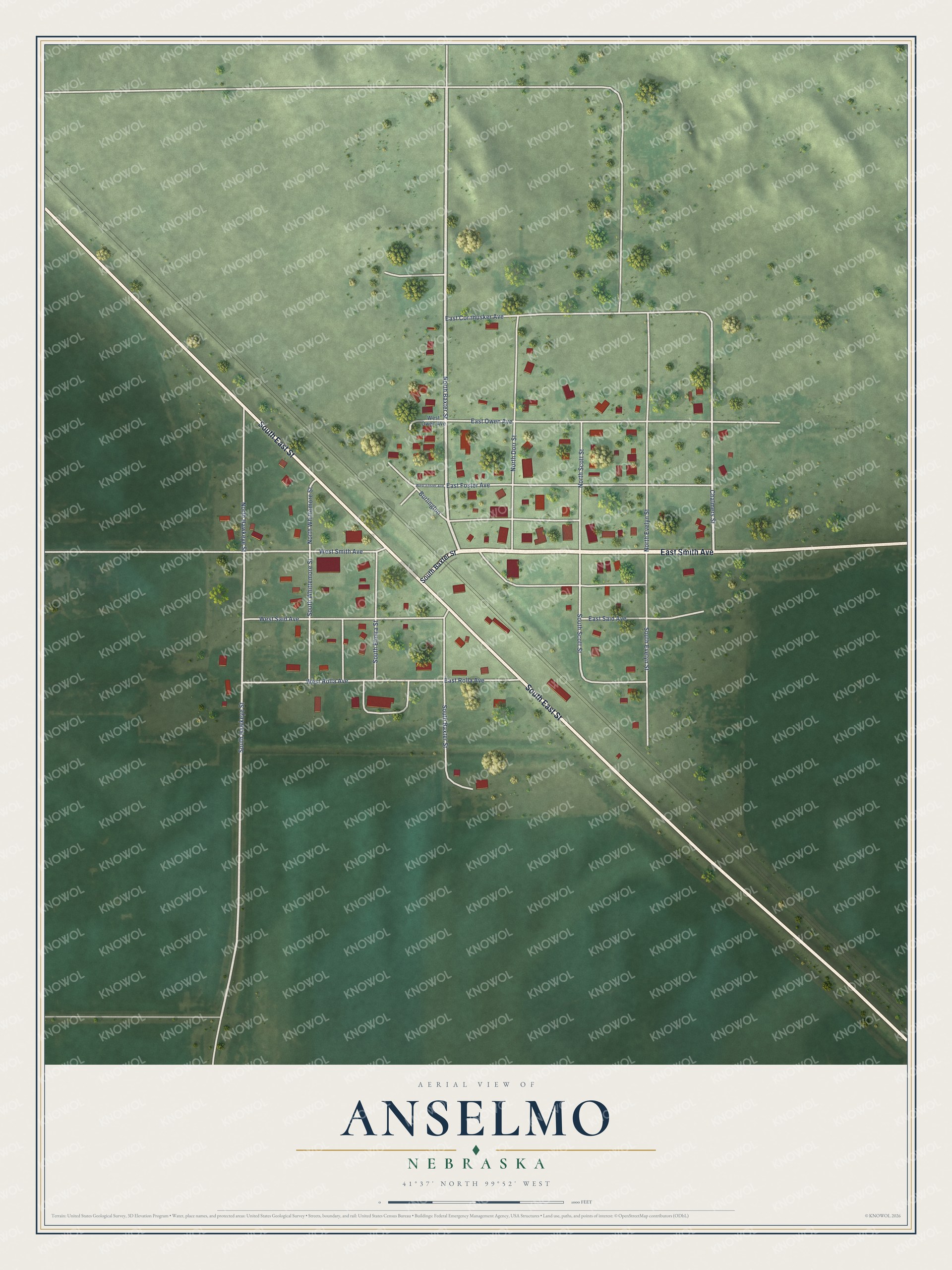 Full map of Anselmo, Nebraska, with red buildings, printed street names and the land around them