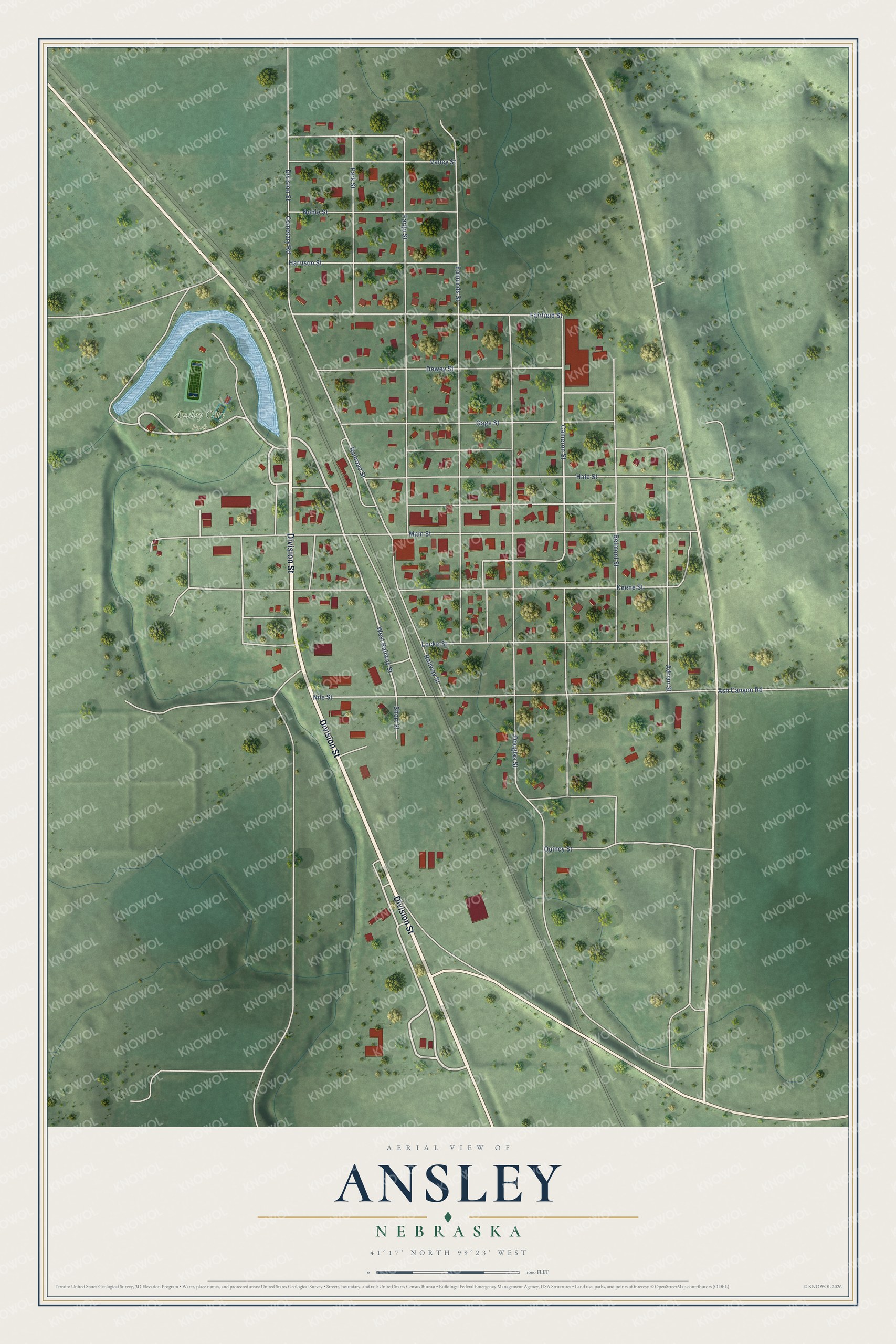 Full map of Ansley, Nebraska, with red buildings, printed street names and the land around them