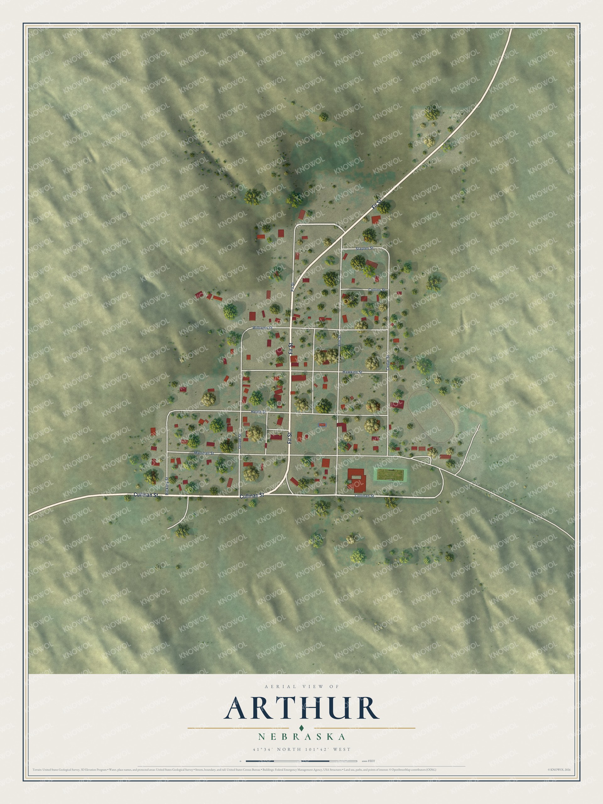 Full map of Arthur, Nebraska, with red buildings, printed street names and the land around them