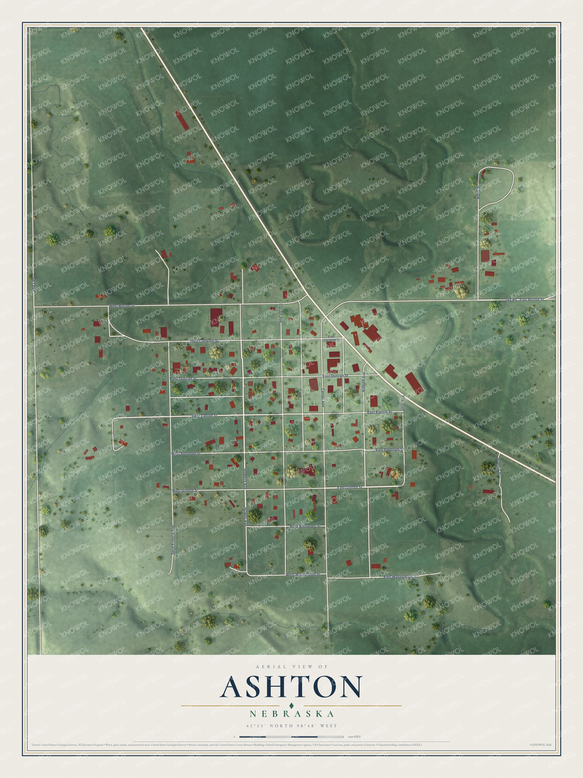 Full map of Ashton, Nebraska, with red buildings, printed street names and the land around them