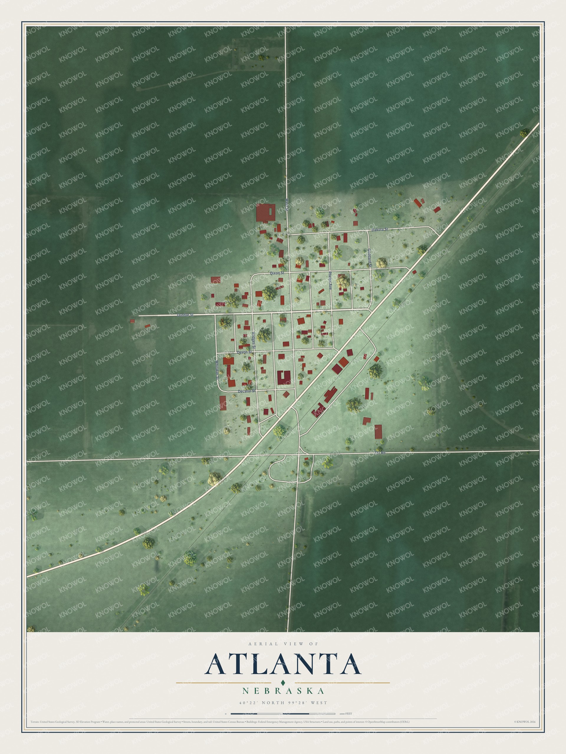 Full map of Atlanta, Nebraska, with red buildings, printed street names and the land around them
