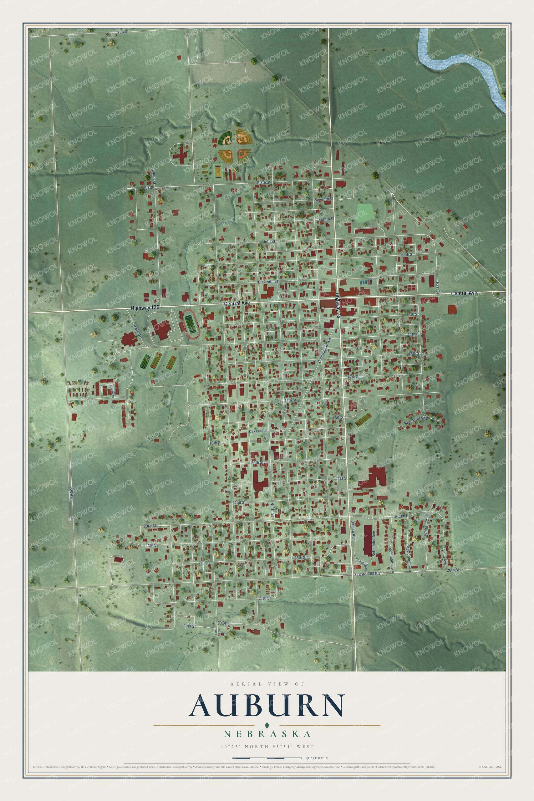 Full map of Auburn, Nebraska, with red buildings, printed street names and the land around them