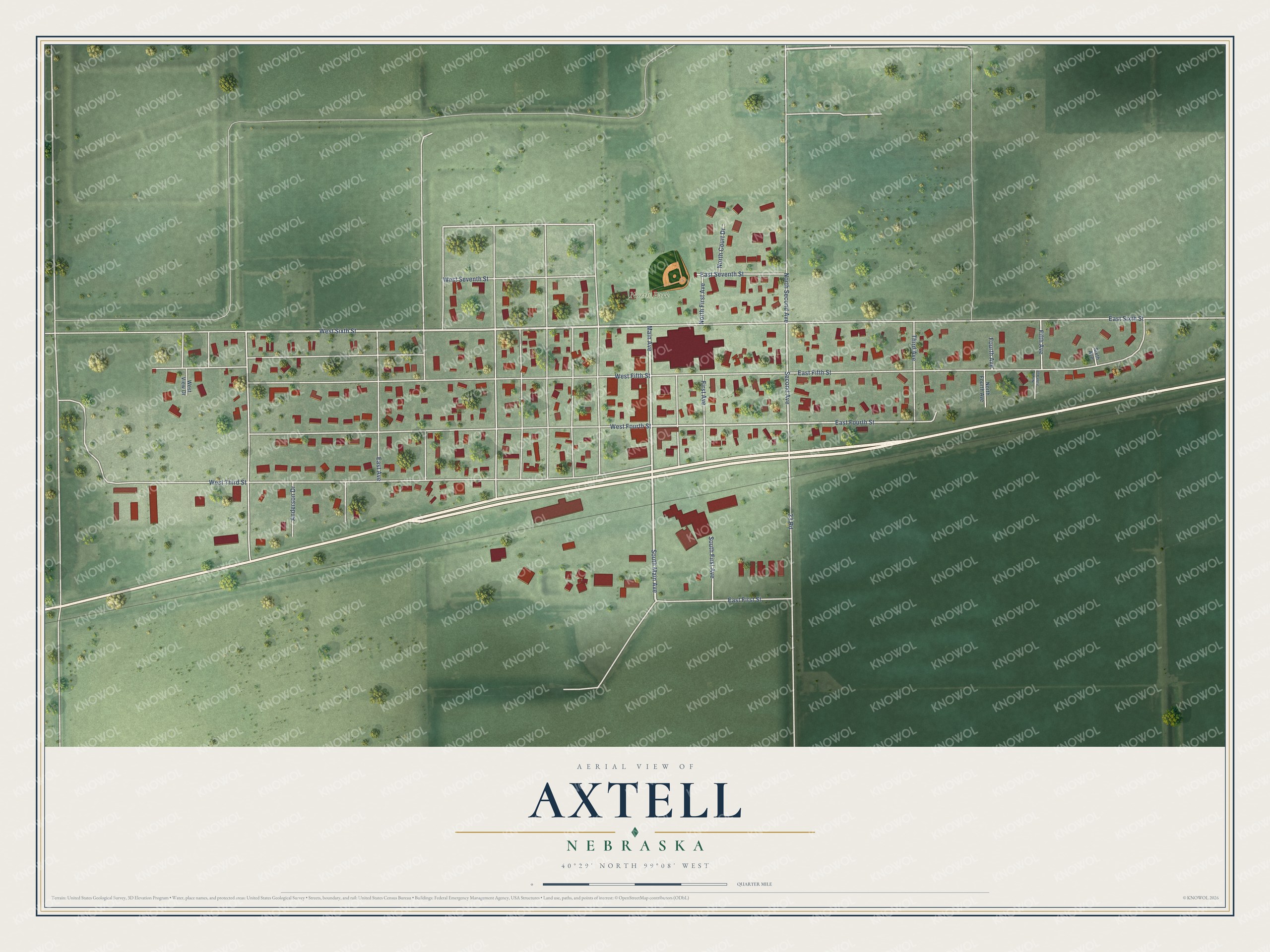 Full map of Axtell, Nebraska, with red buildings, printed street names and the land around them