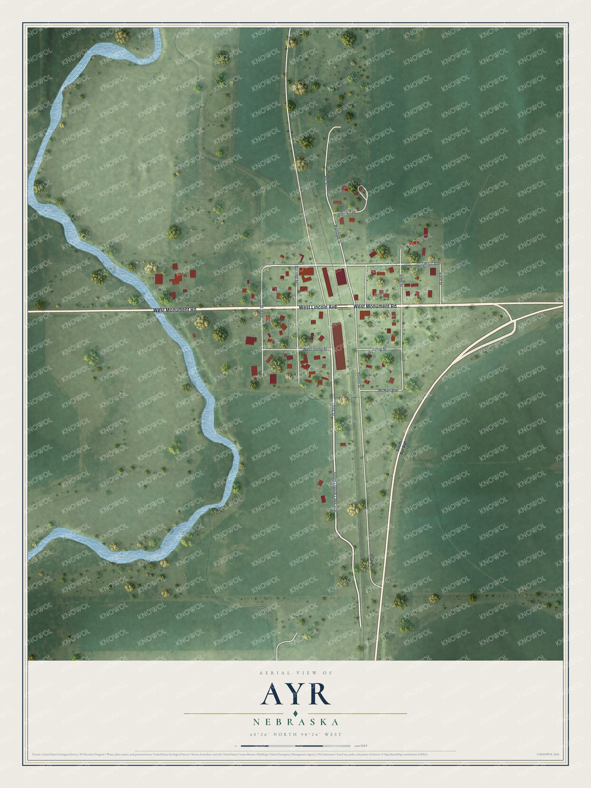 Full map of Ayr, Nebraska, with red buildings, printed street names and the land around them