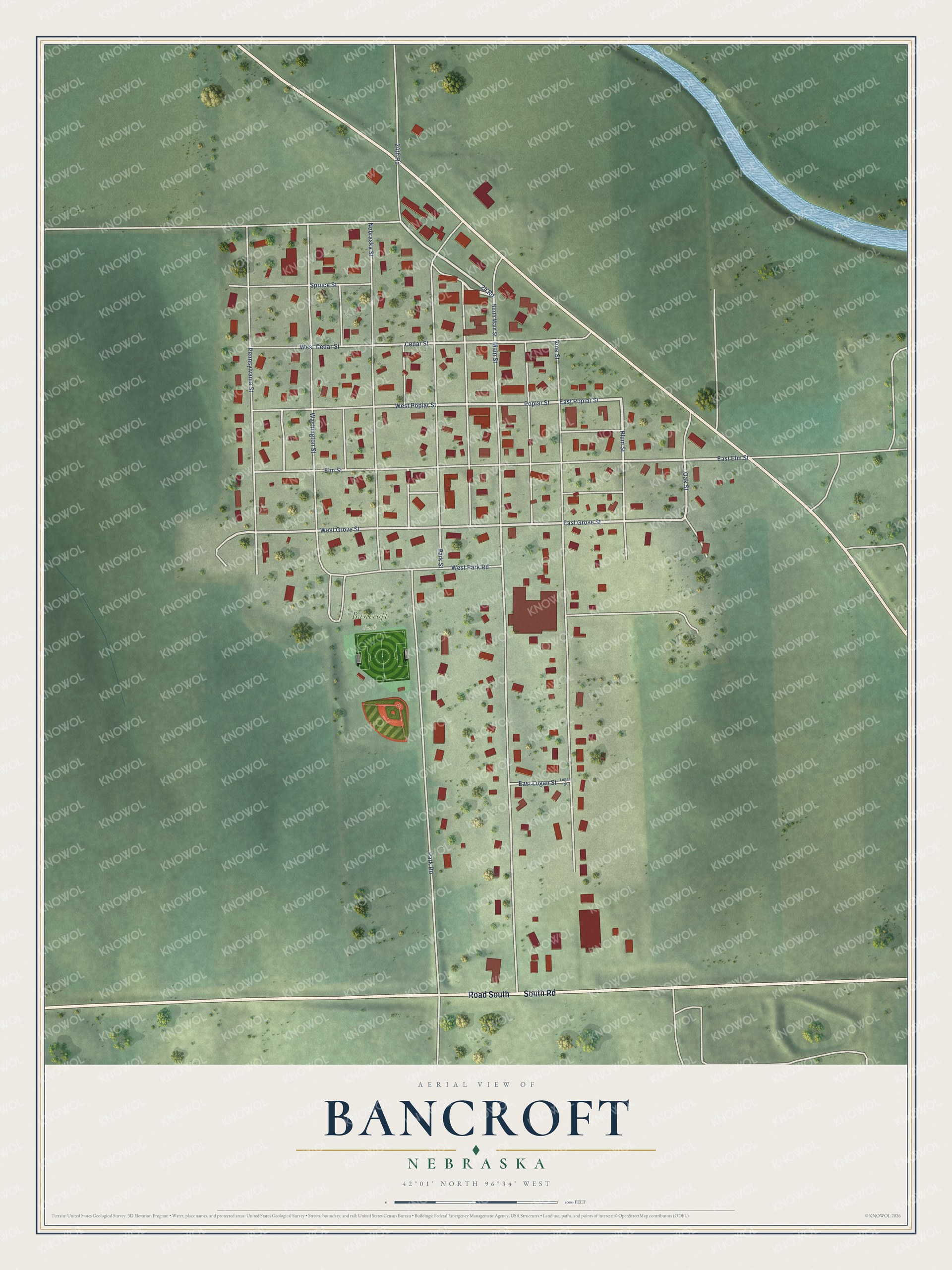 Full map of Bancroft, Nebraska, with red buildings, printed street names and the land around them
