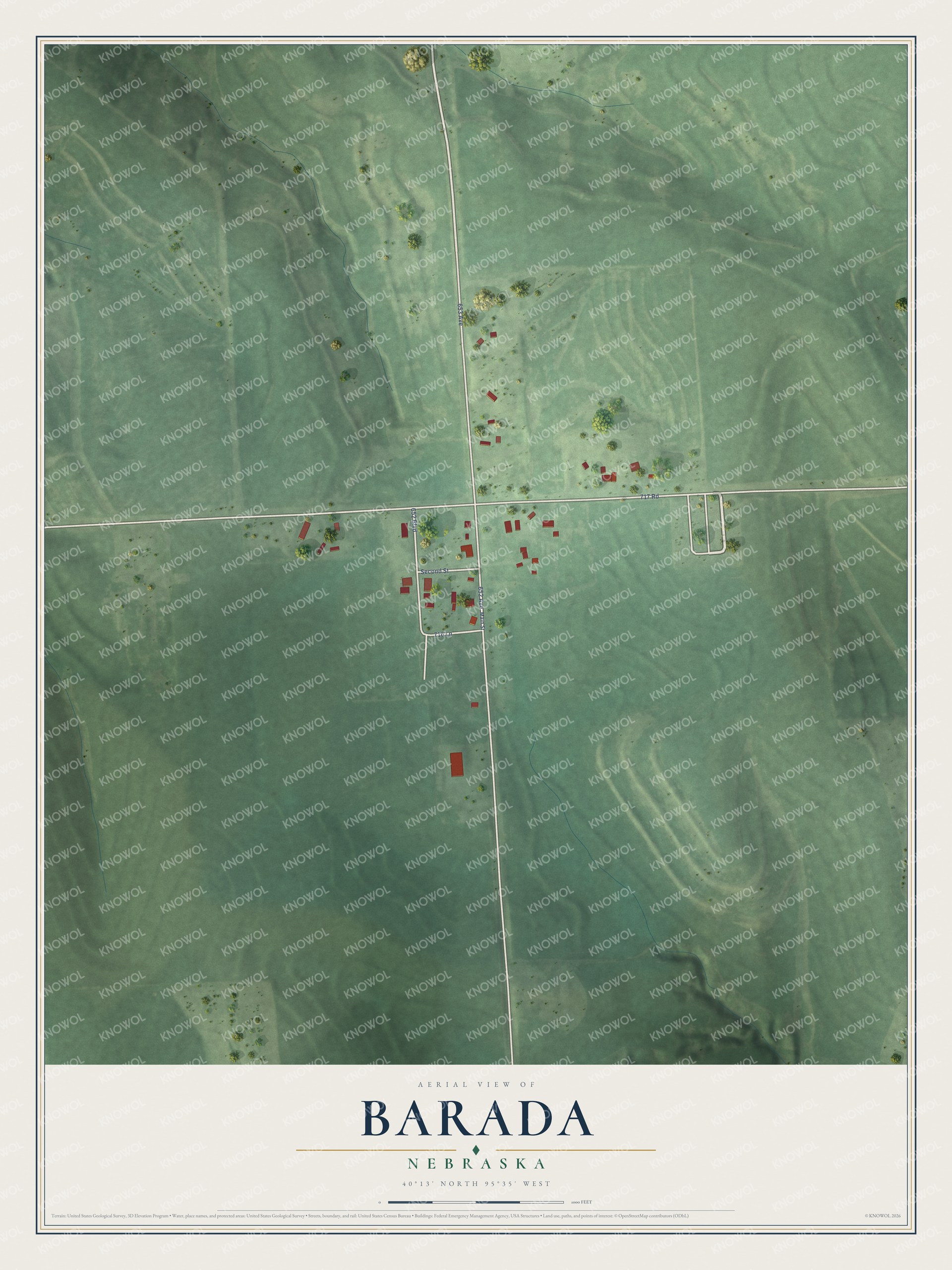 Full map of Barada, Nebraska, with red buildings, printed street names and the land around them