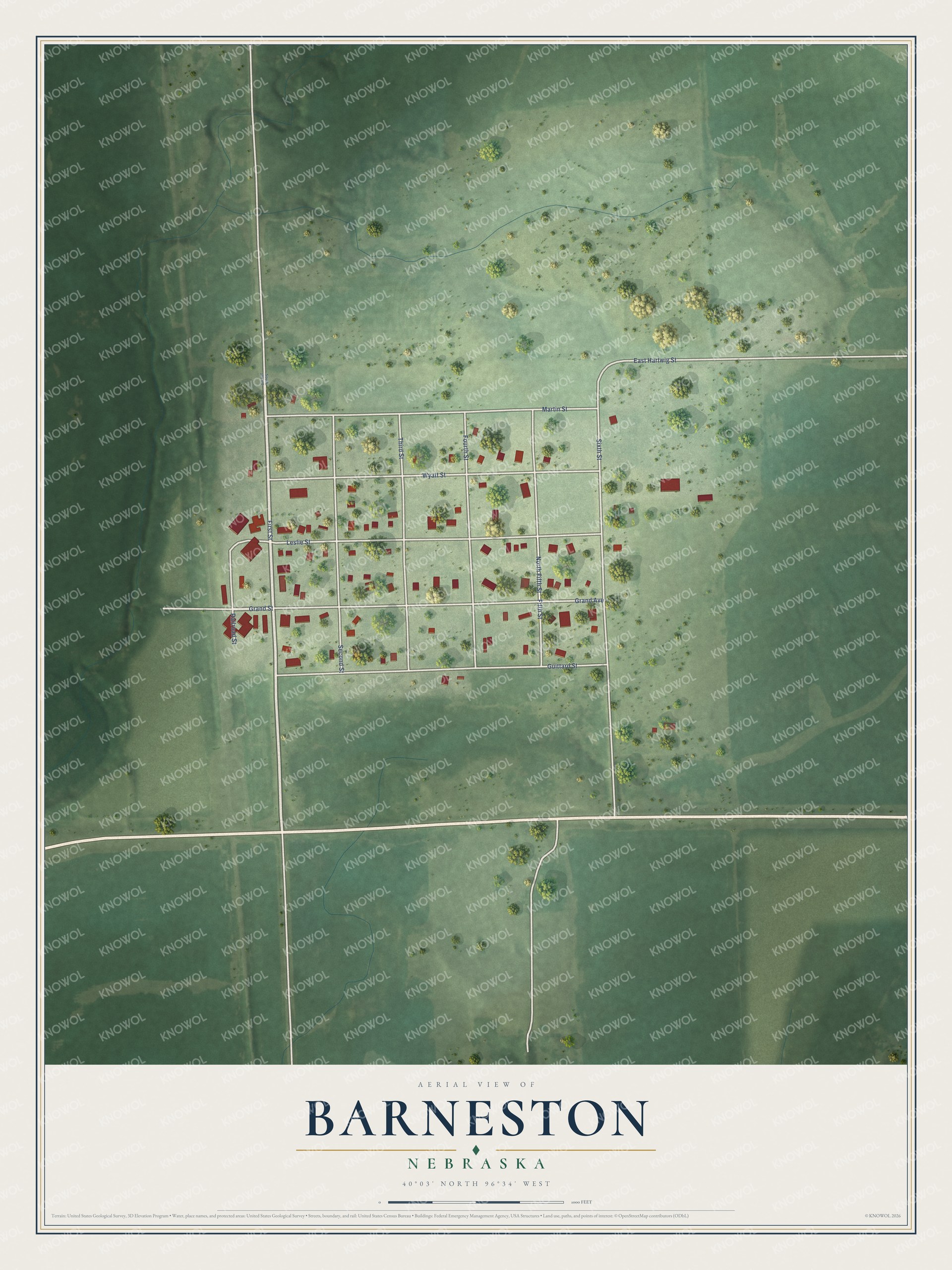 Full map of Barneston, Nebraska, with red buildings, printed street names and the land around them