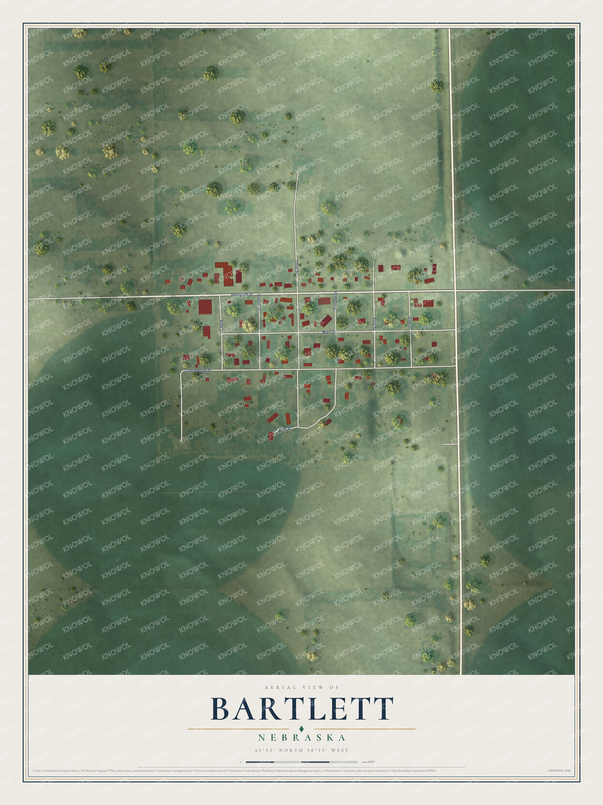 Full map of Bartlett, Nebraska, with red buildings, printed street names and the land around them
