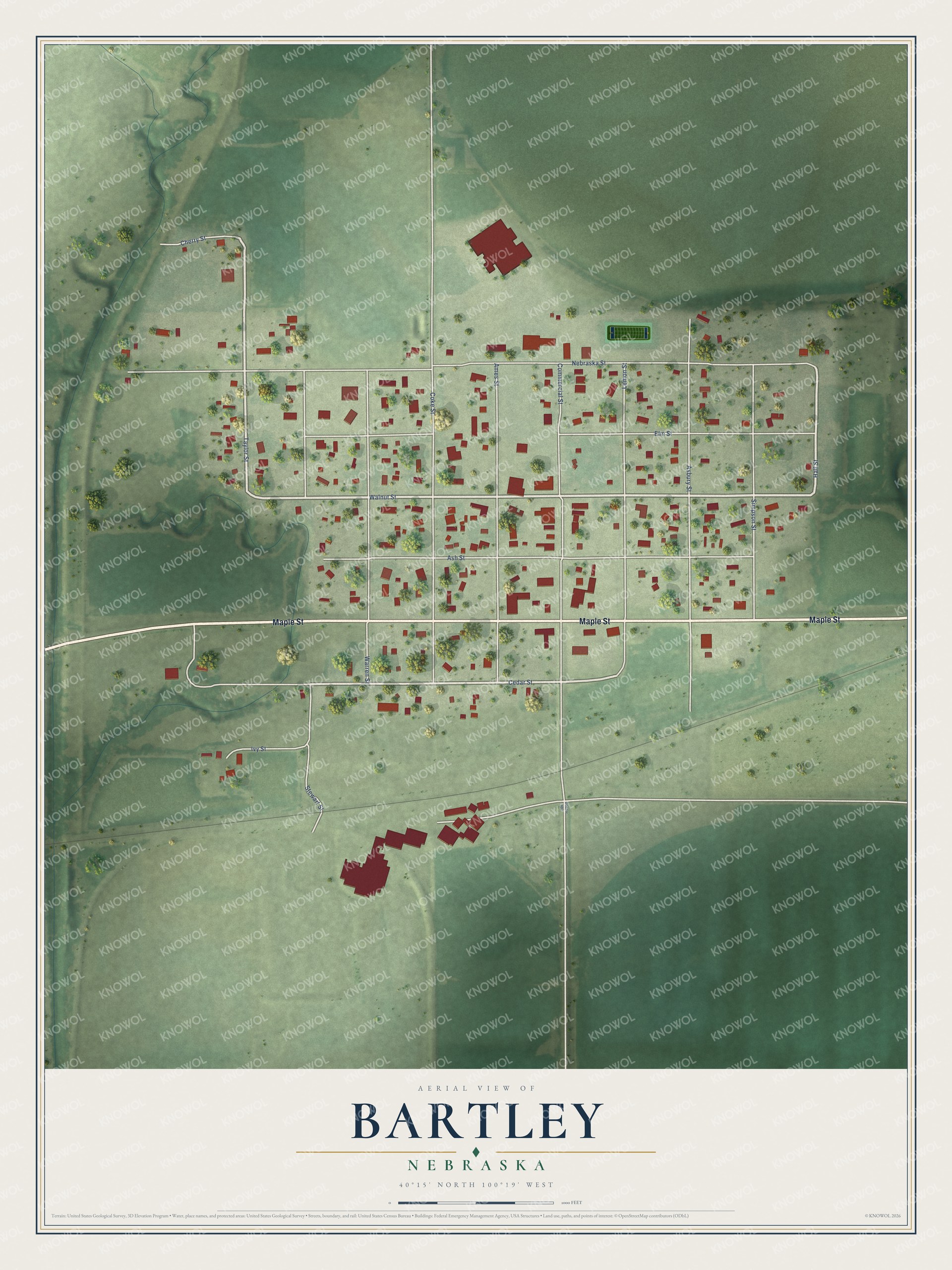 Full map of Bartley, Nebraska, with red buildings, printed street names and the land around them