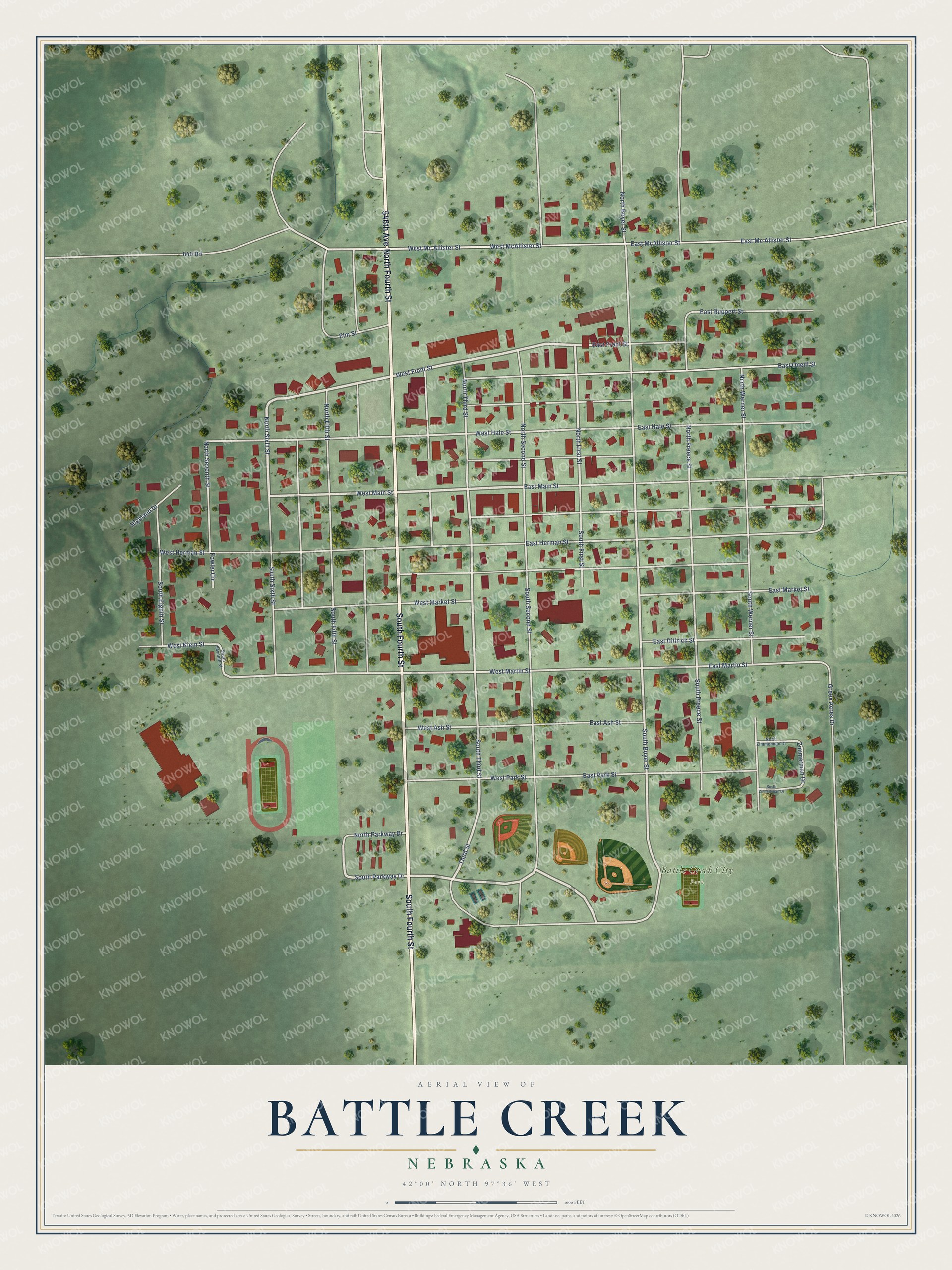 Full map of Battle Creek, Nebraska, with red buildings, printed street names and the land around them