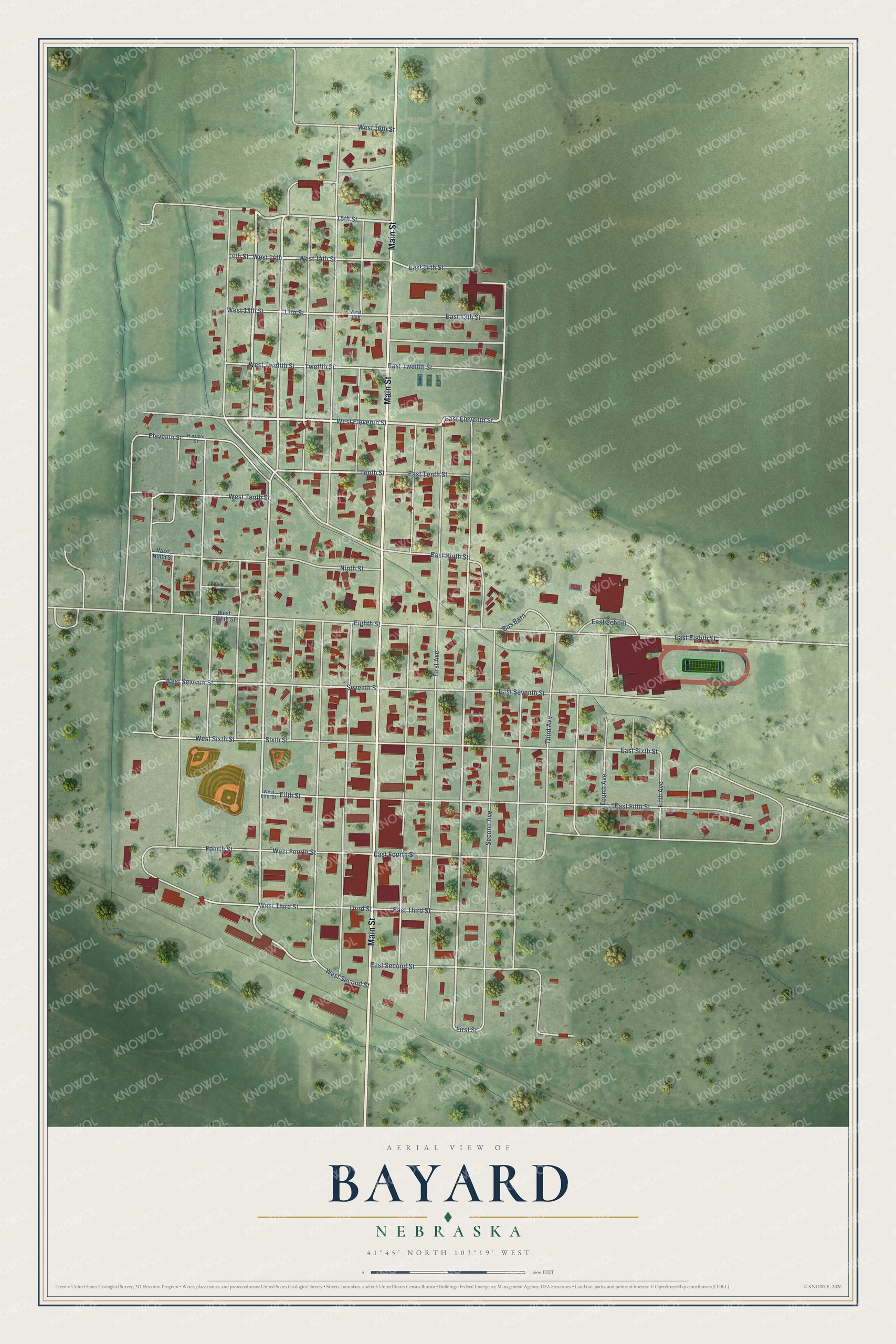 Full map of Bayard, Nebraska, with red buildings, printed street names and the land around them