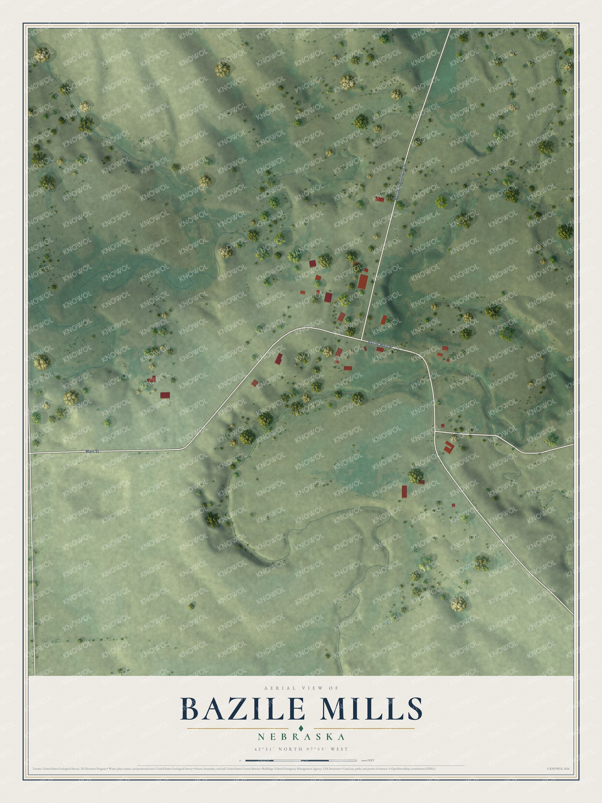 Full map of Bazile Mills, Nebraska, with red buildings, printed street names and the land around them