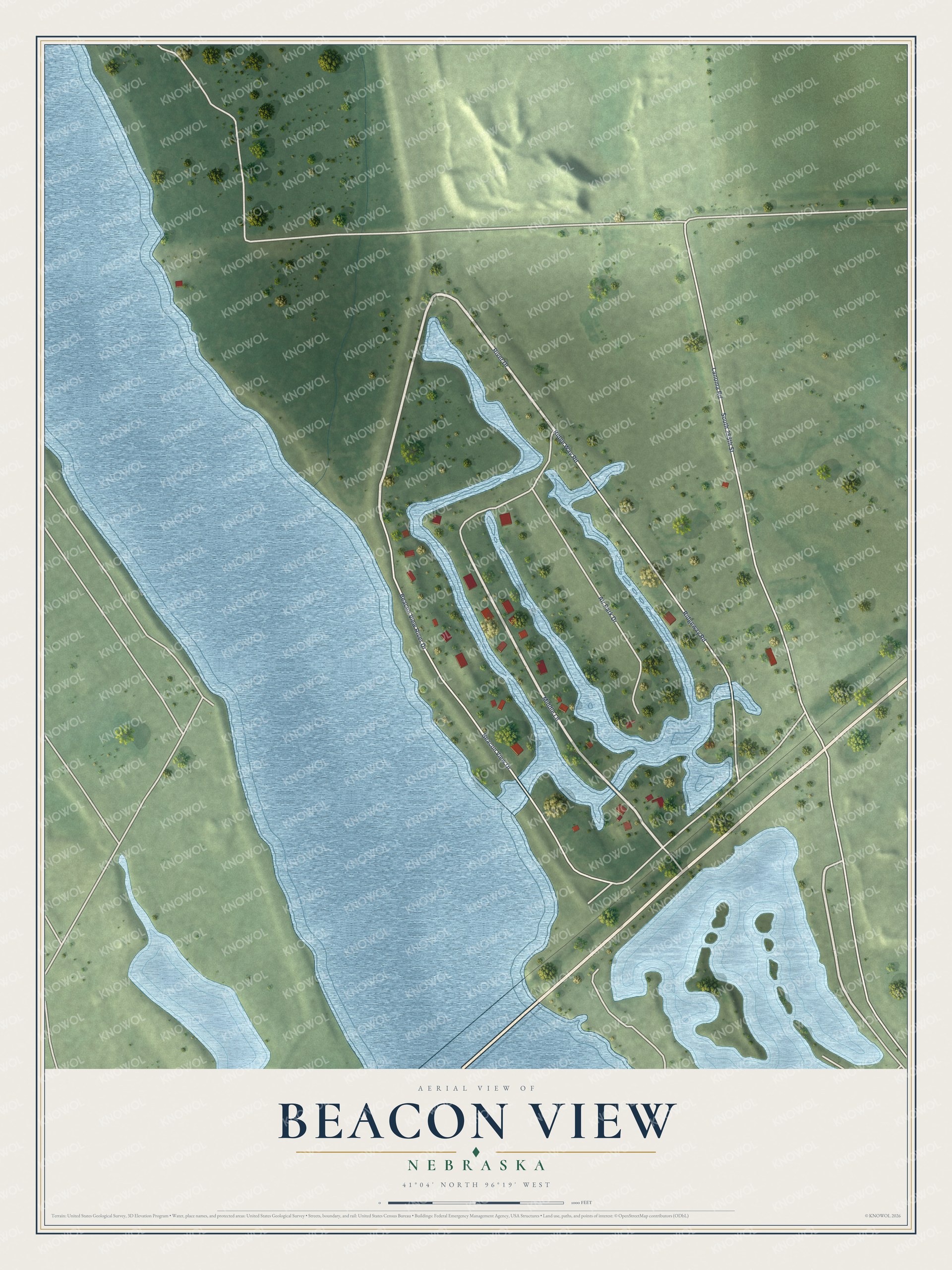 Full map of Beacon View, Nebraska, with red buildings, printed street names and the land around them
