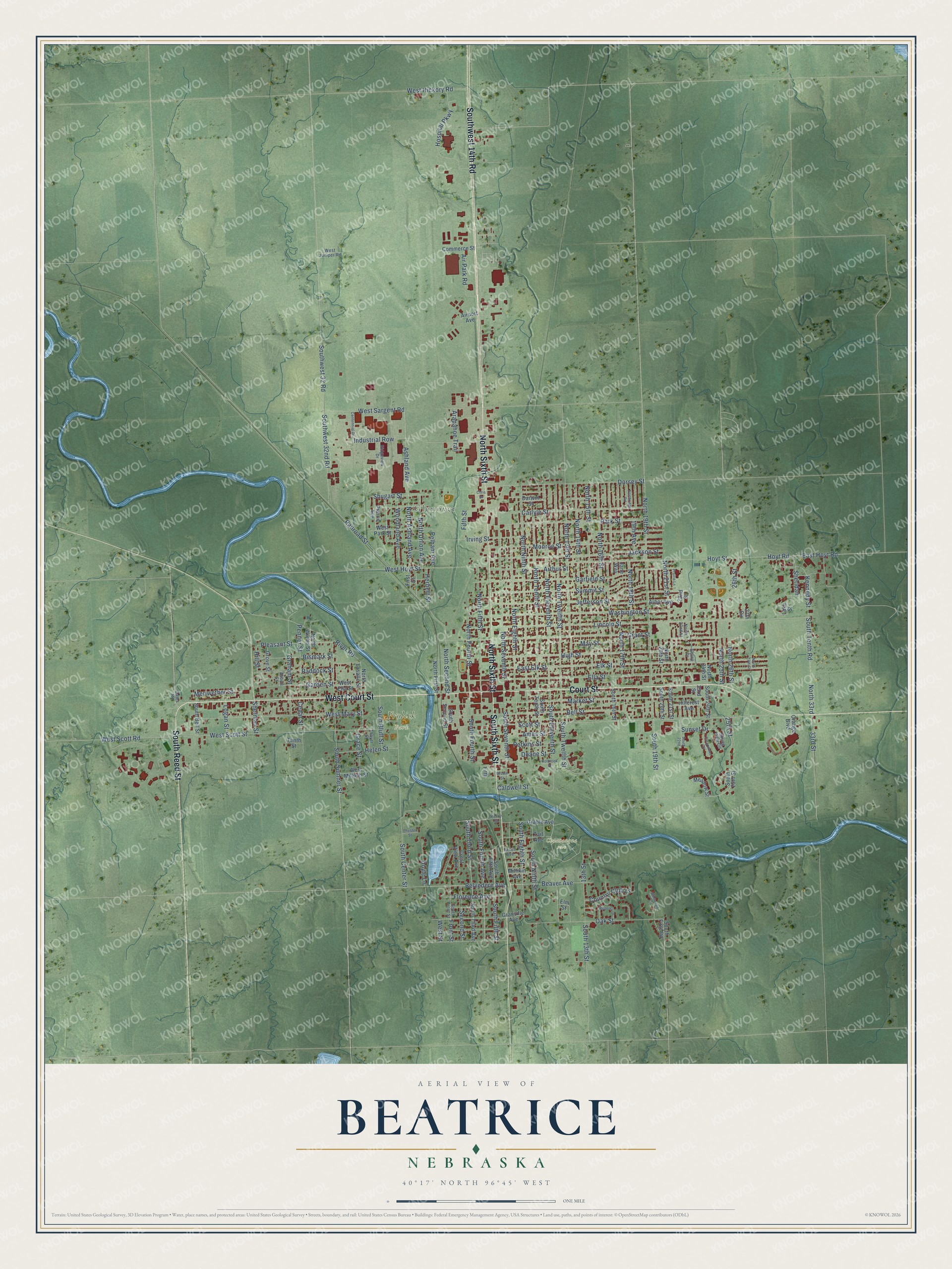 Full map of Beatrice, Nebraska, with red buildings, printed street names and the land around them