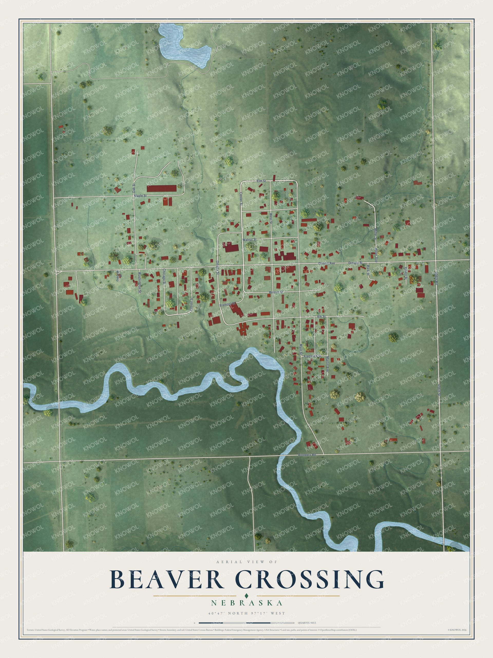 Full map of Beaver Crossing, Nebraska, with red buildings, printed street names and the land around them
