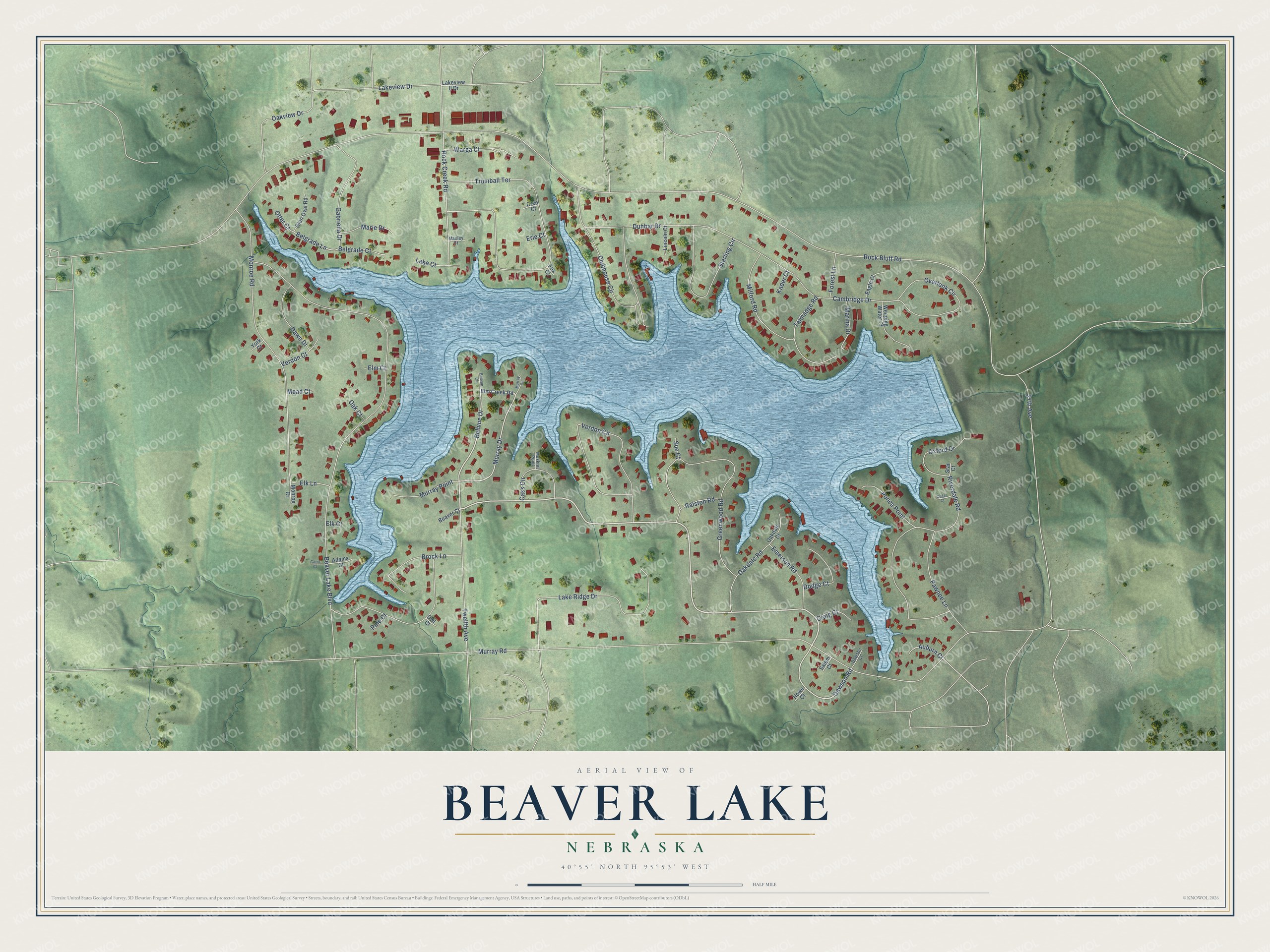 Full map of Beaver Lake, Nebraska, with red buildings, printed street names and the land around them