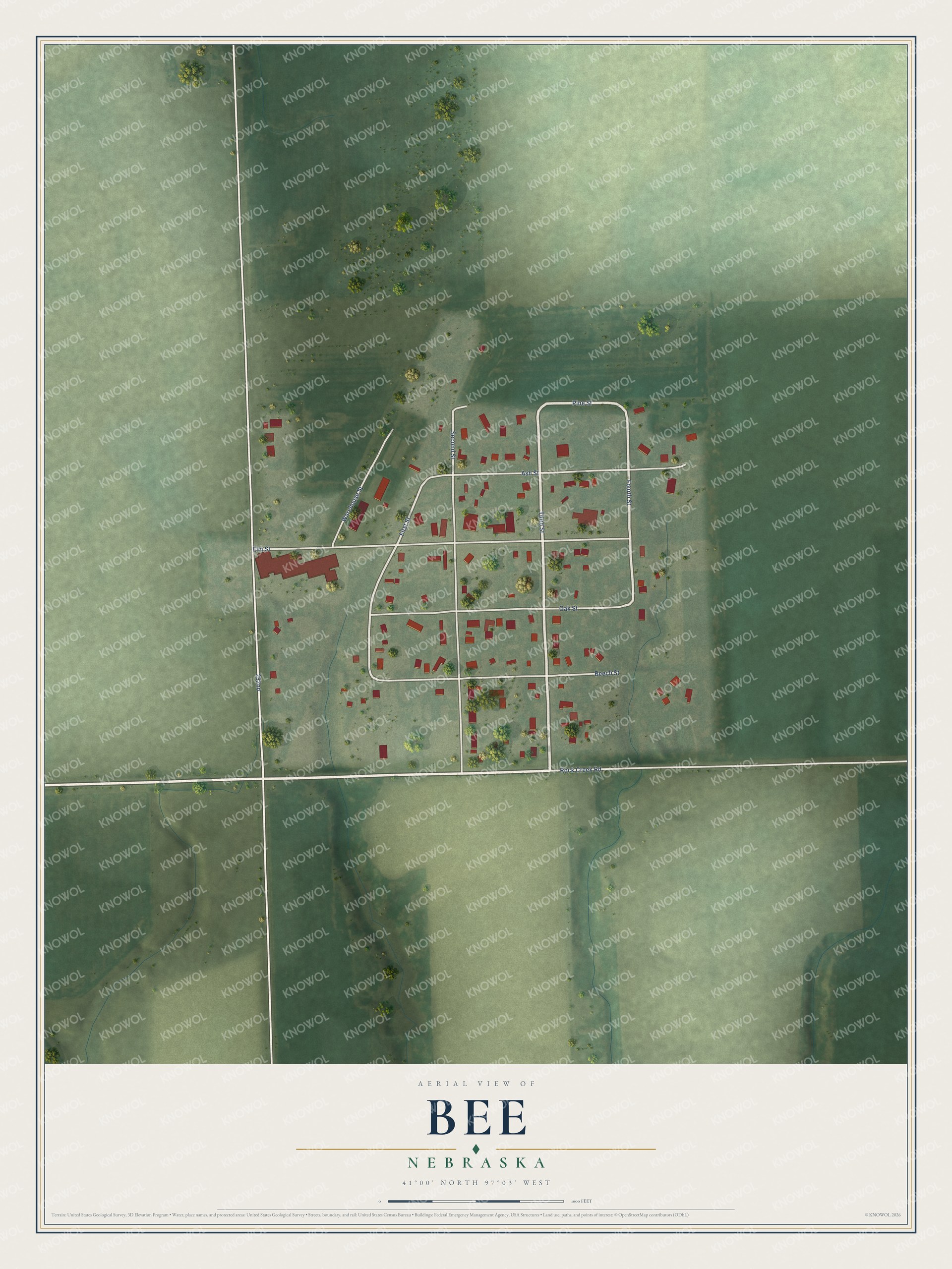 Full map of Bee, Nebraska, with red buildings, printed street names and the land around them