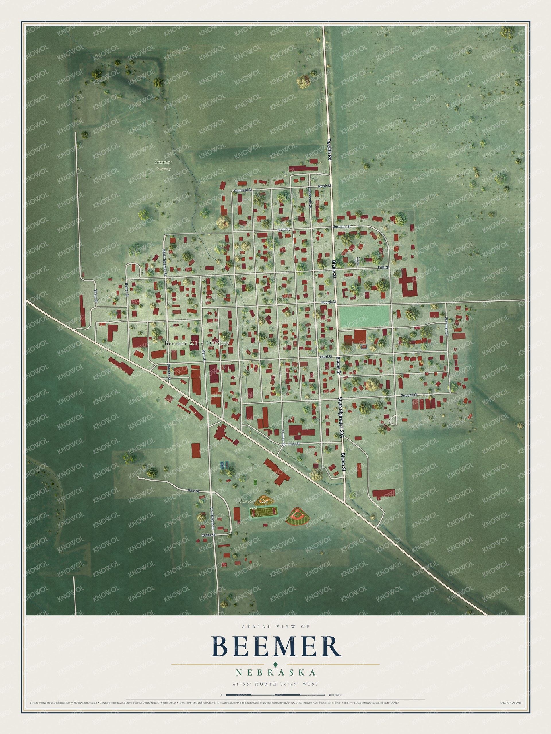 Full map of Beemer, Nebraska, with red buildings, printed street names and the land around them