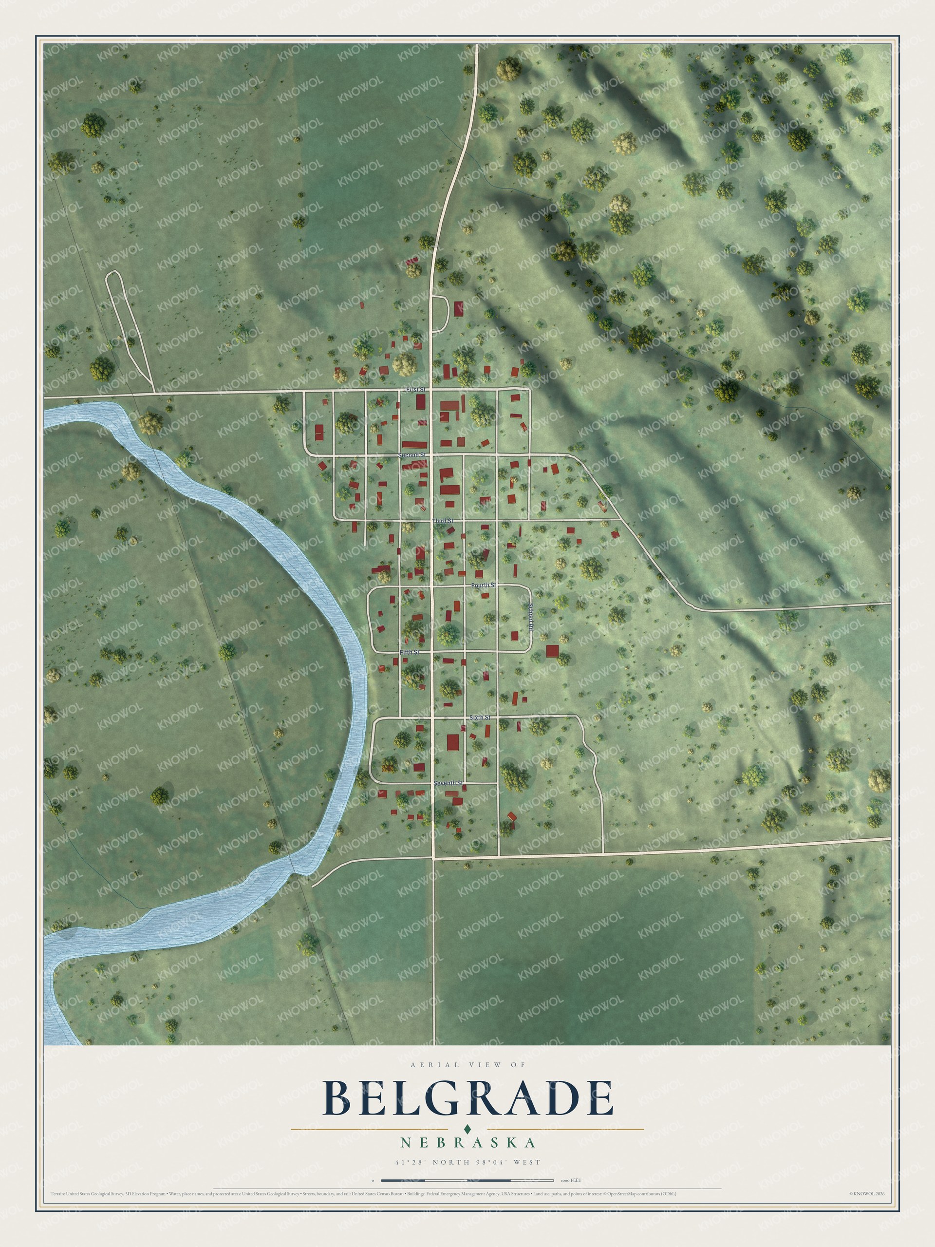 Full map of Belgrade, Nebraska, with red buildings, printed street names and the land around them