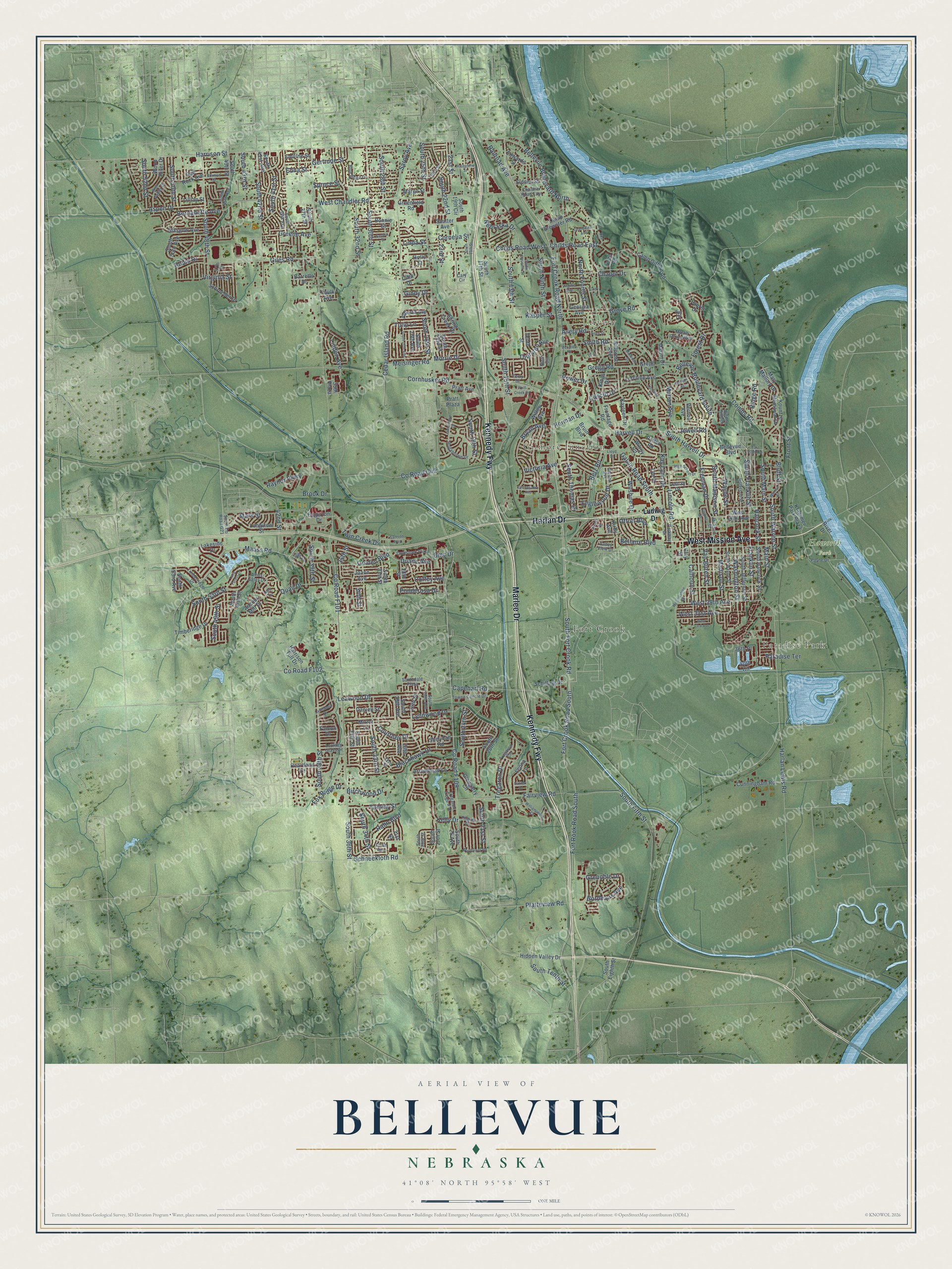 Full map of Bellevue, Nebraska, with red buildings, printed street names and the land around them
