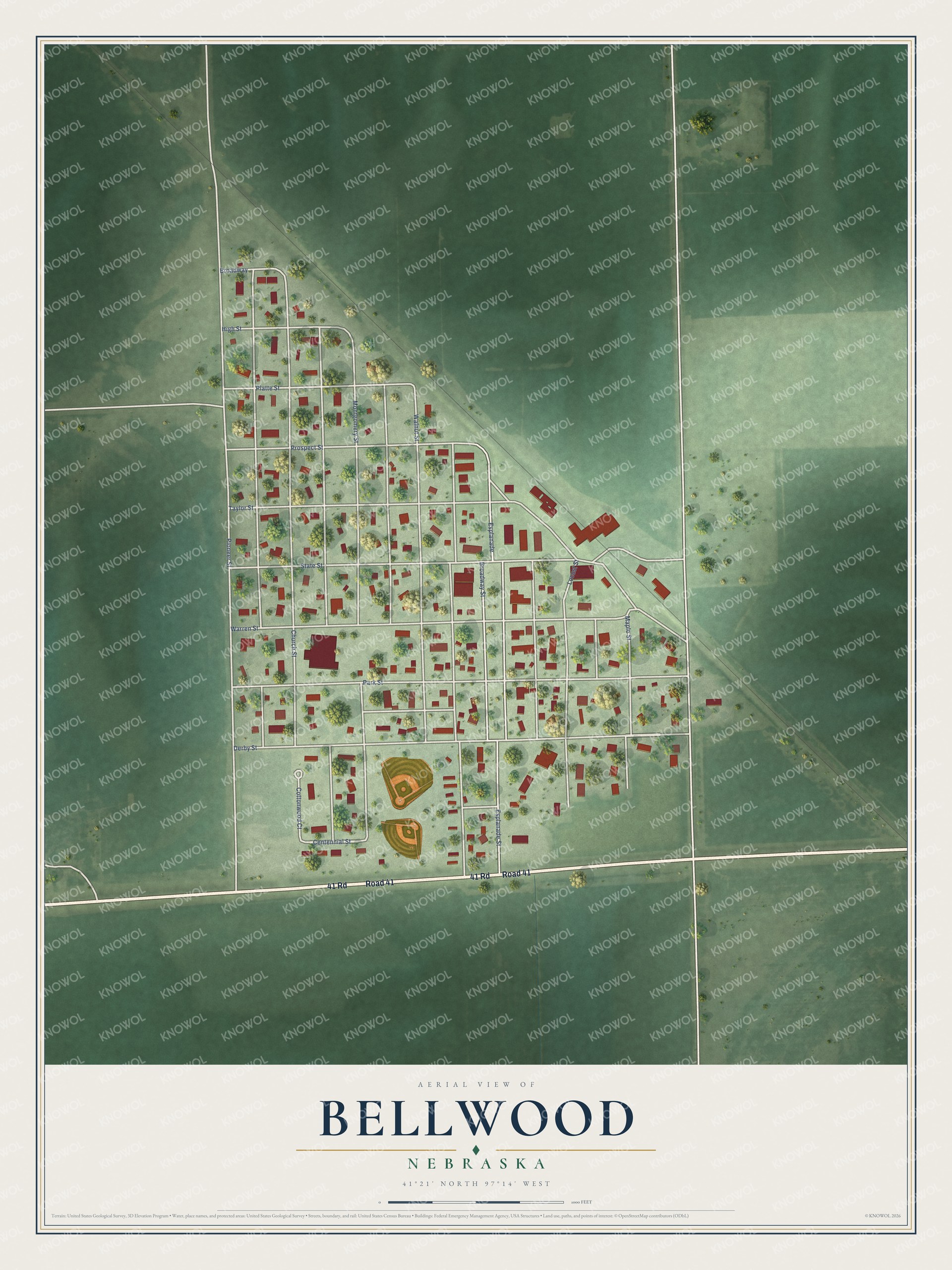 Full map of Bellwood, Nebraska, with red buildings, printed street names and the land around them