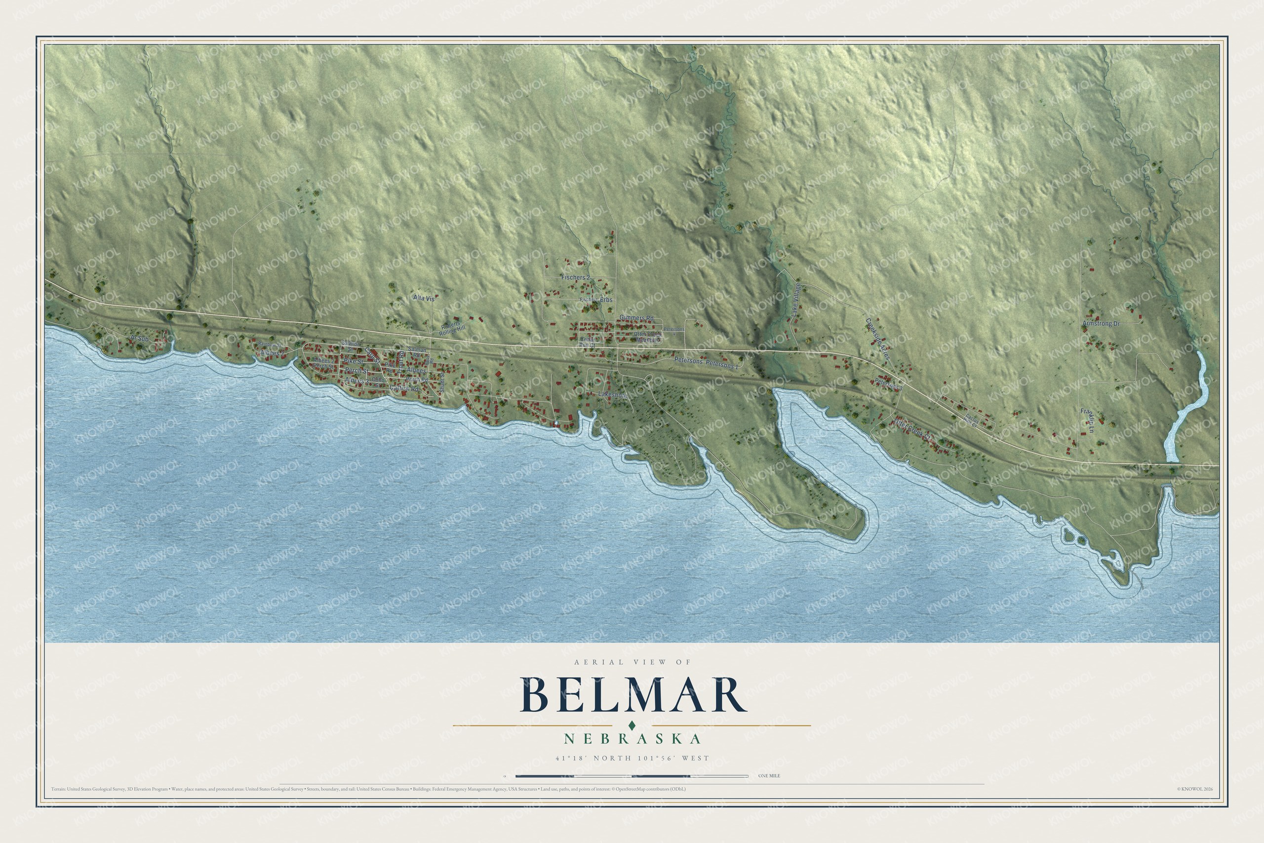 Full map of Belmar, Nebraska, with red buildings, printed street names and the land around them