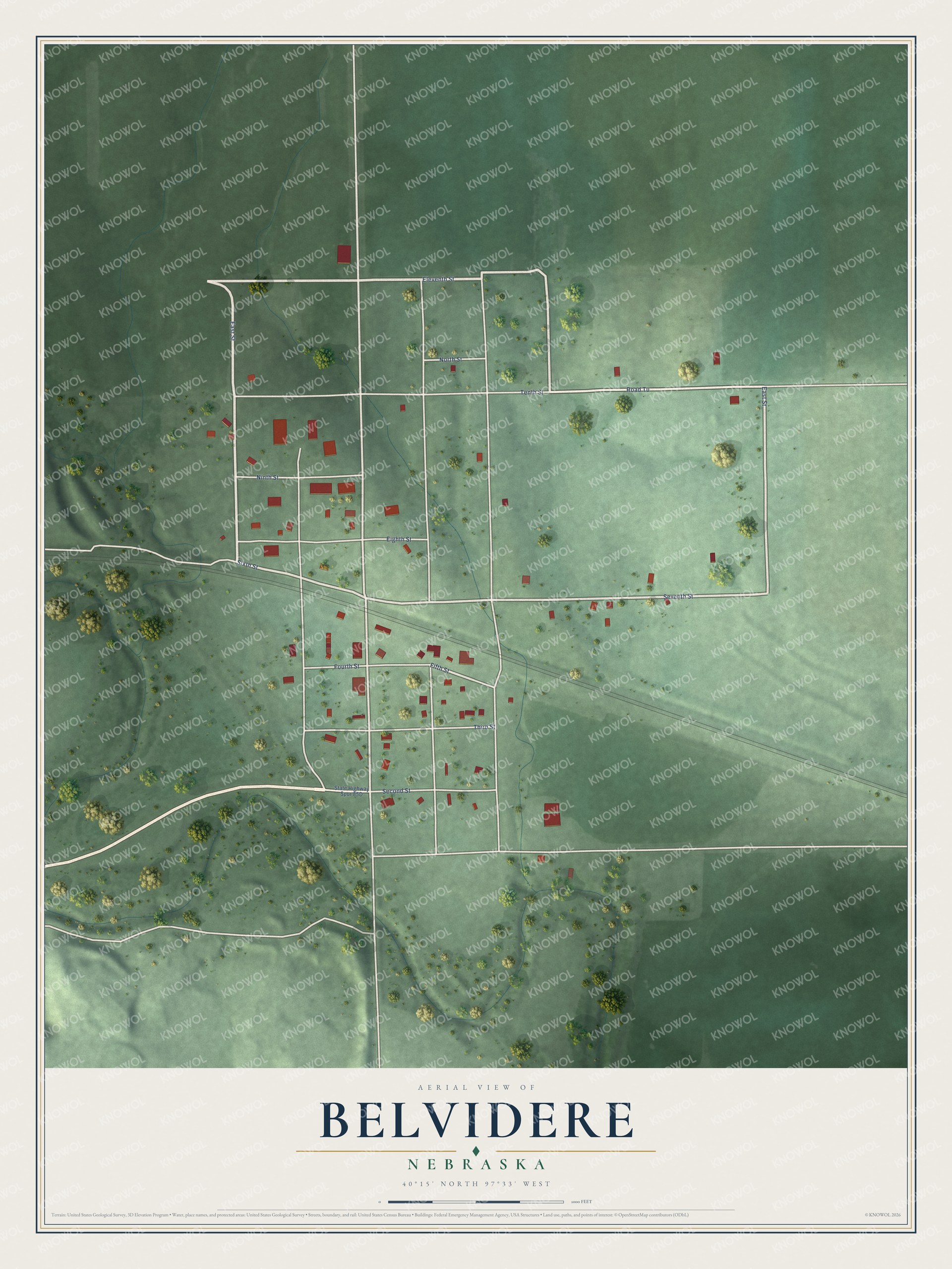 Full map of Belvidere, Nebraska, with red buildings, printed street names and the land around them