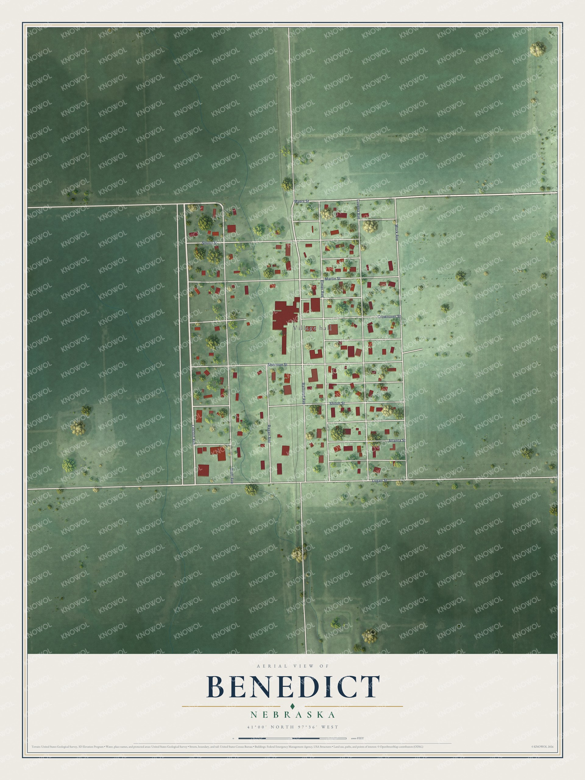 Full map of Benedict, Nebraska, with red buildings, printed street names and the land around them