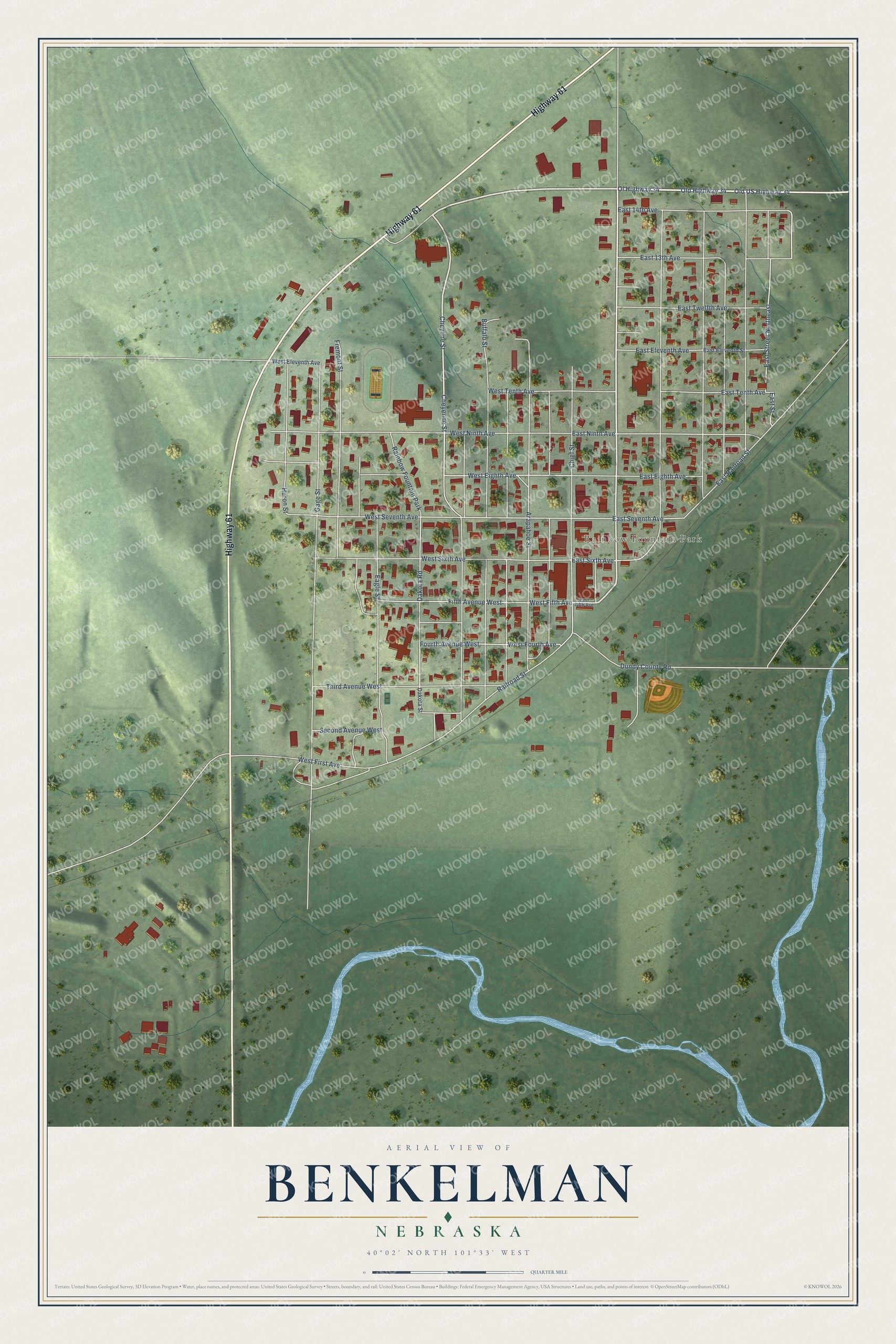 Full map of Benkelman, Nebraska, with red buildings, printed street names and the land around them