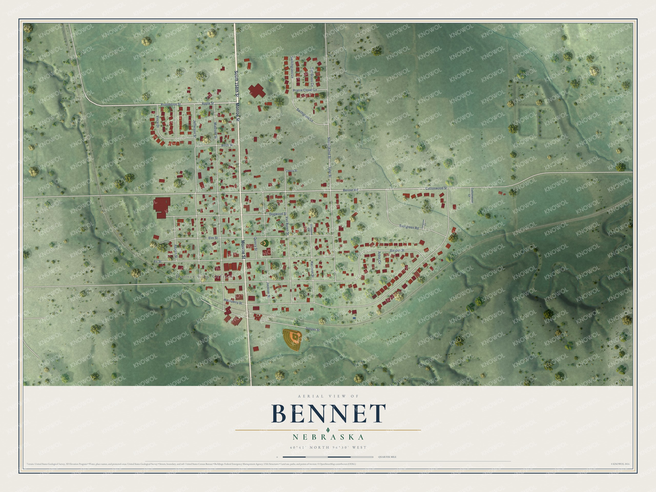 Full map of Bennet, Nebraska, with red buildings, printed street names and the land around them