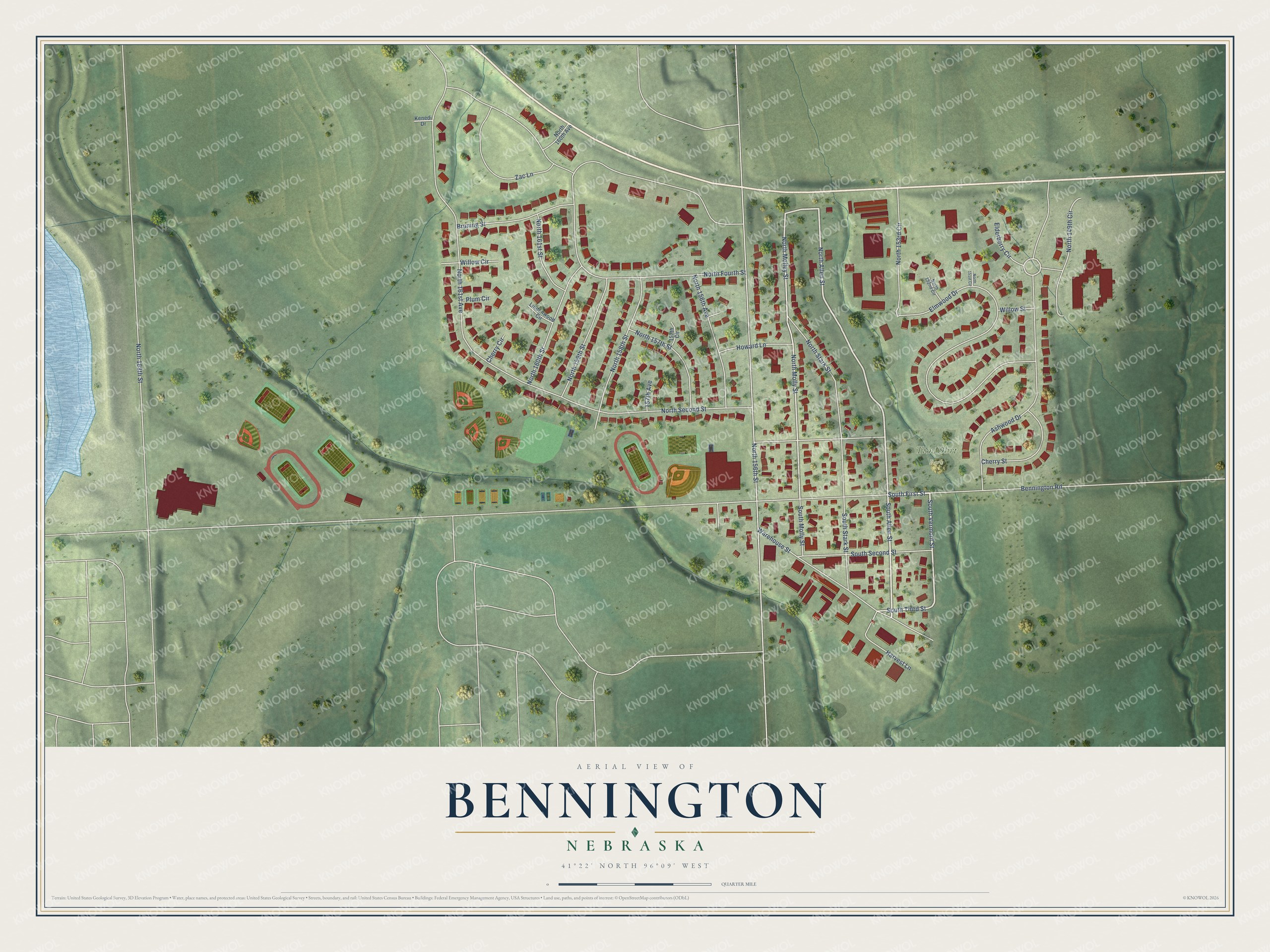 Full map of Bennington, Nebraska, with red buildings, printed street names and the land around them