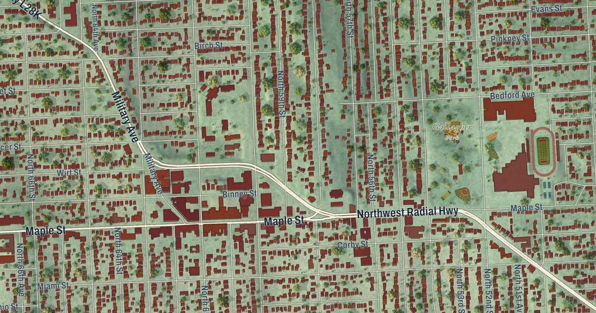 Close-up of streets and buildings in Benson, Nebraska
