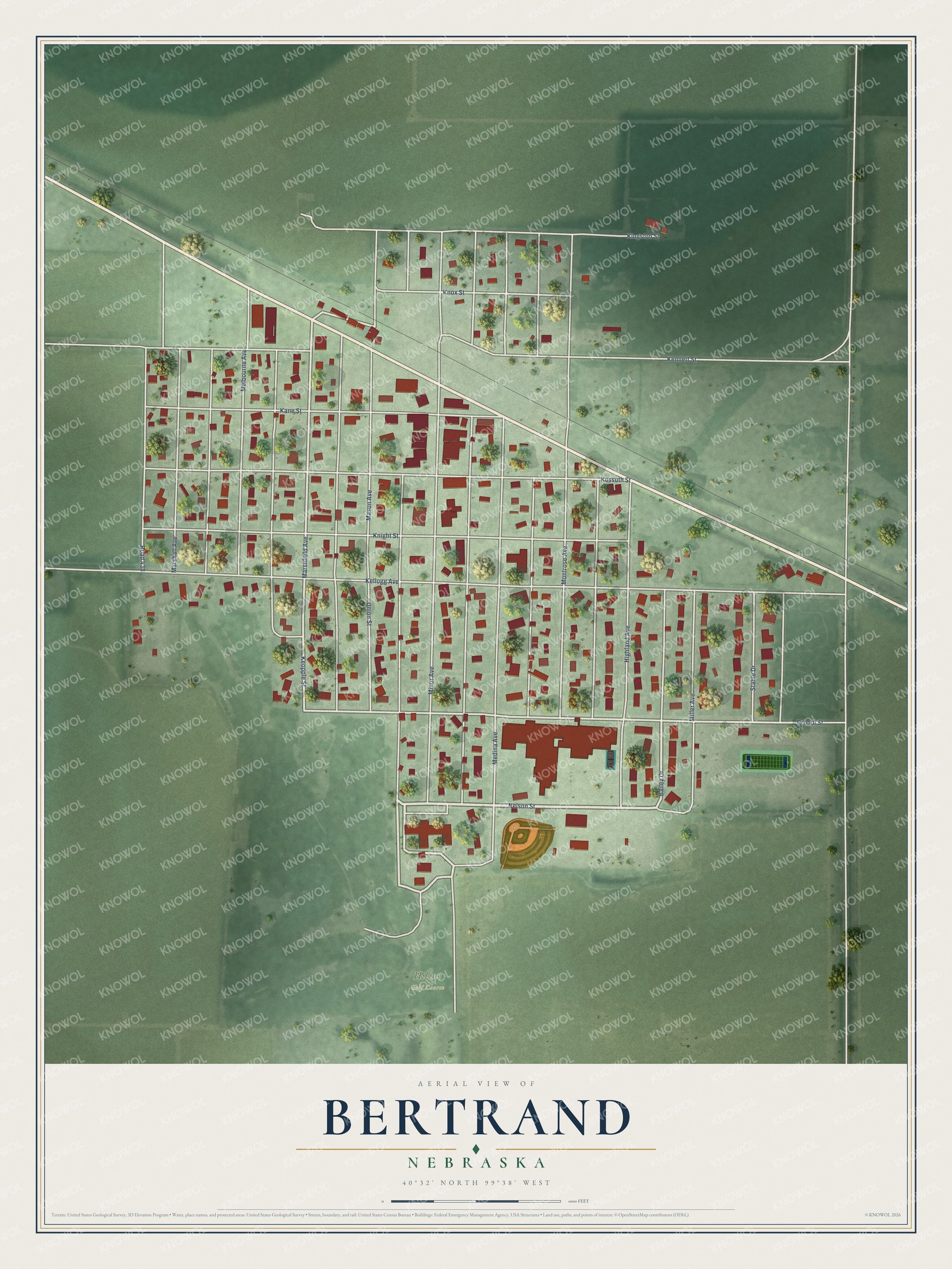Full map of Bertrand, Nebraska, with red buildings, printed street names and the land around them