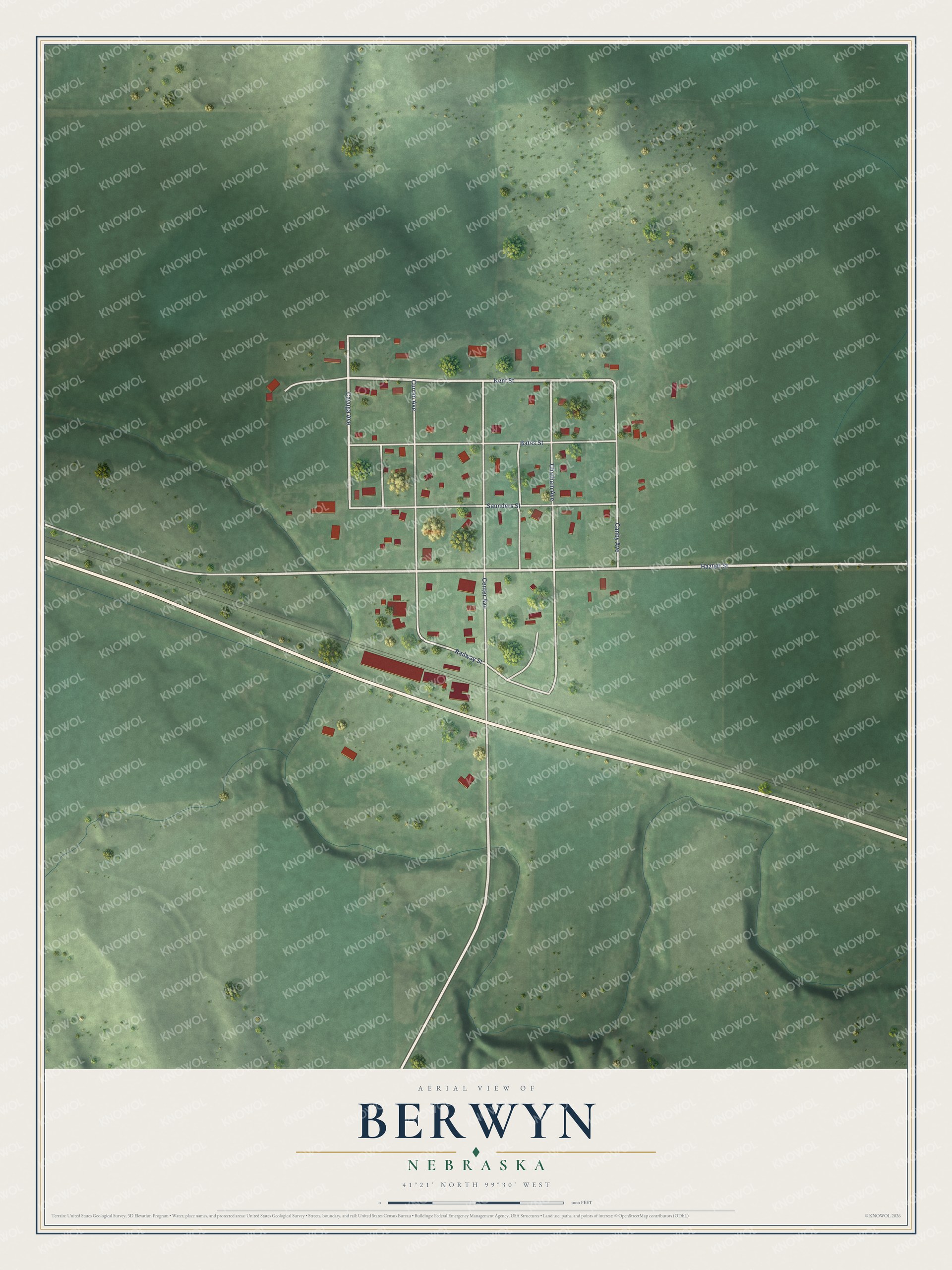 Full map of Berwyn, Nebraska, with red buildings, printed street names and the land around them