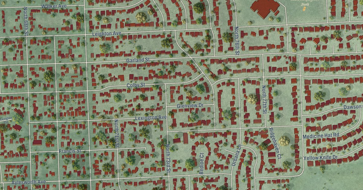 Close-up of streets and buildings in Bethany, Nebraska