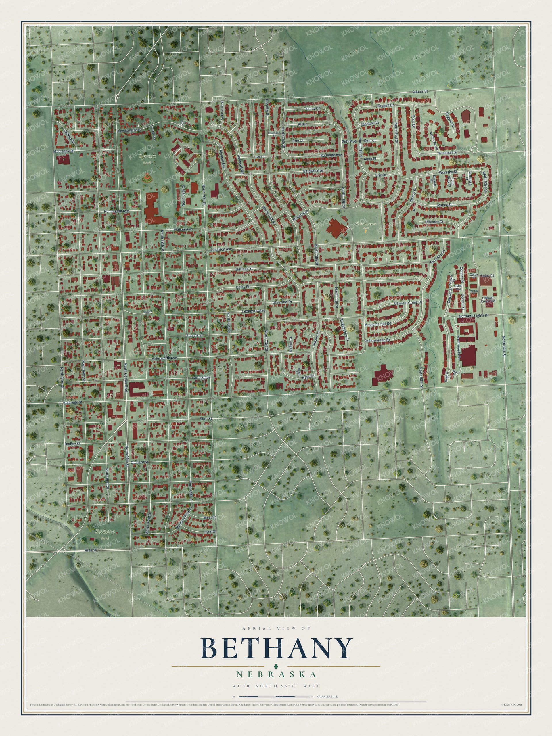 Watermarked full-map preview of Bethany, Nebraska