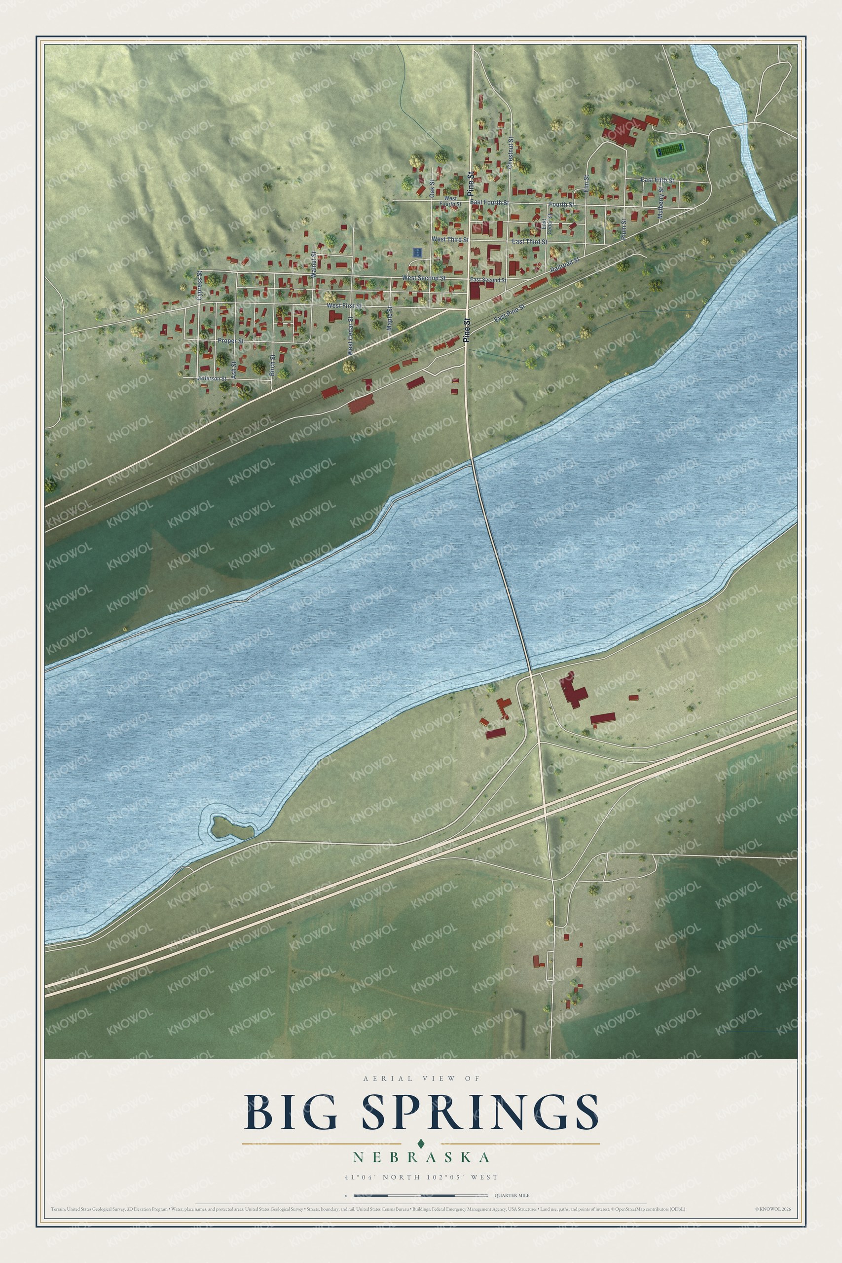 Full map of Big Springs, Nebraska, with red buildings, printed street names and the land around them