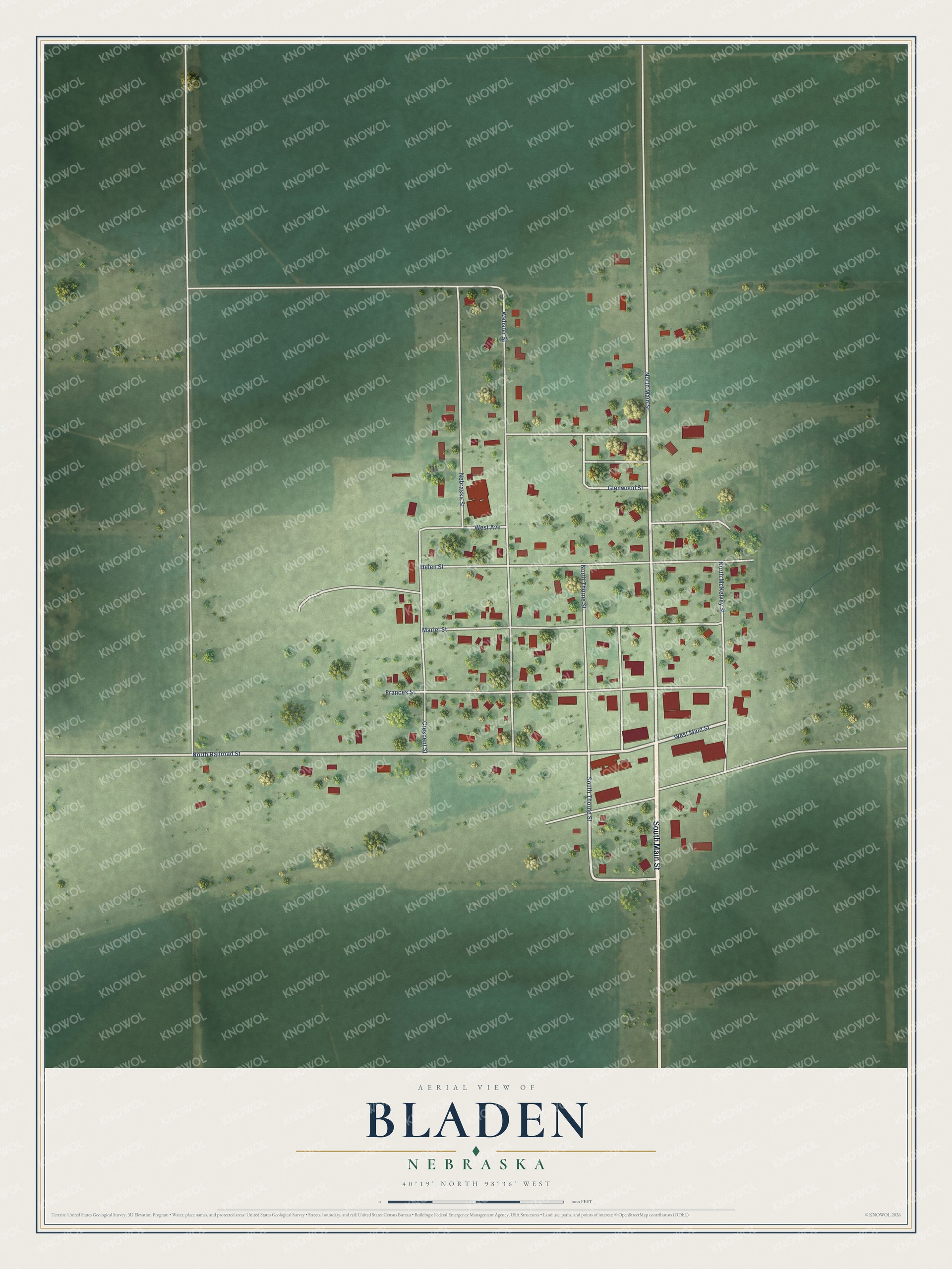 Full map of Bladen, Nebraska, with red buildings, printed street names and the land around them