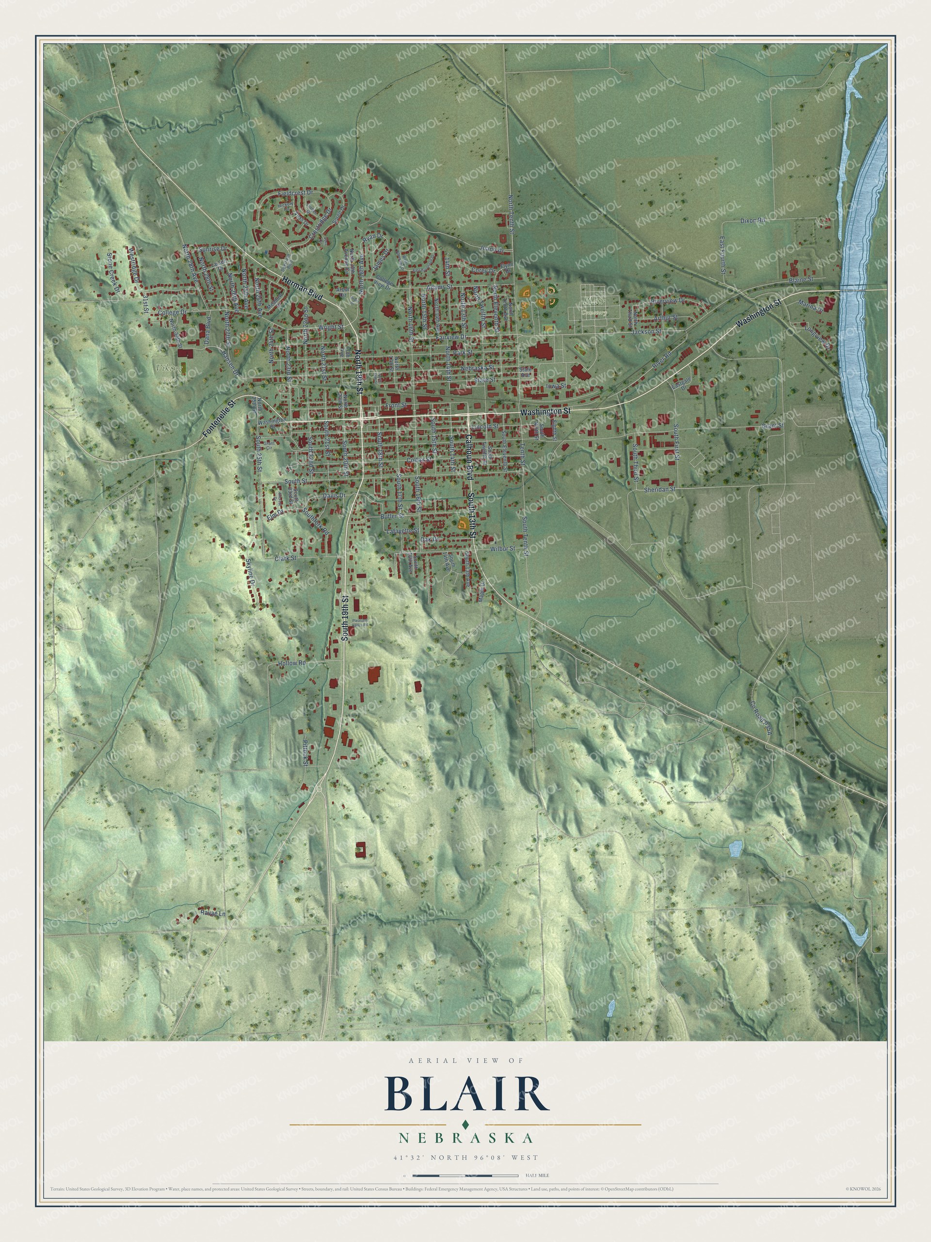 Full map of Blair, Nebraska, with red buildings, printed street names and the land around them