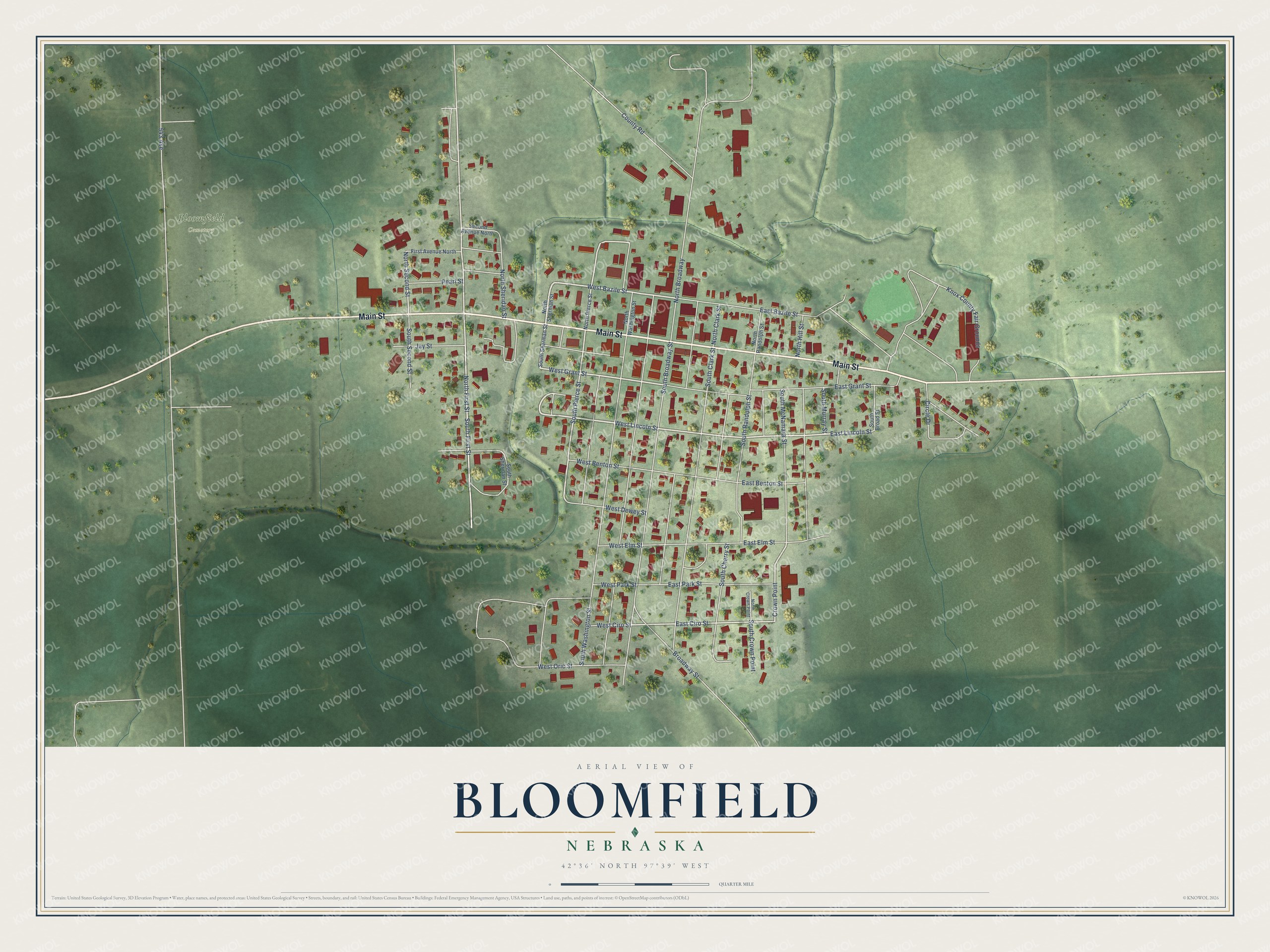 Full map of Bloomfield, Nebraska, with red buildings, printed street names and the land around them