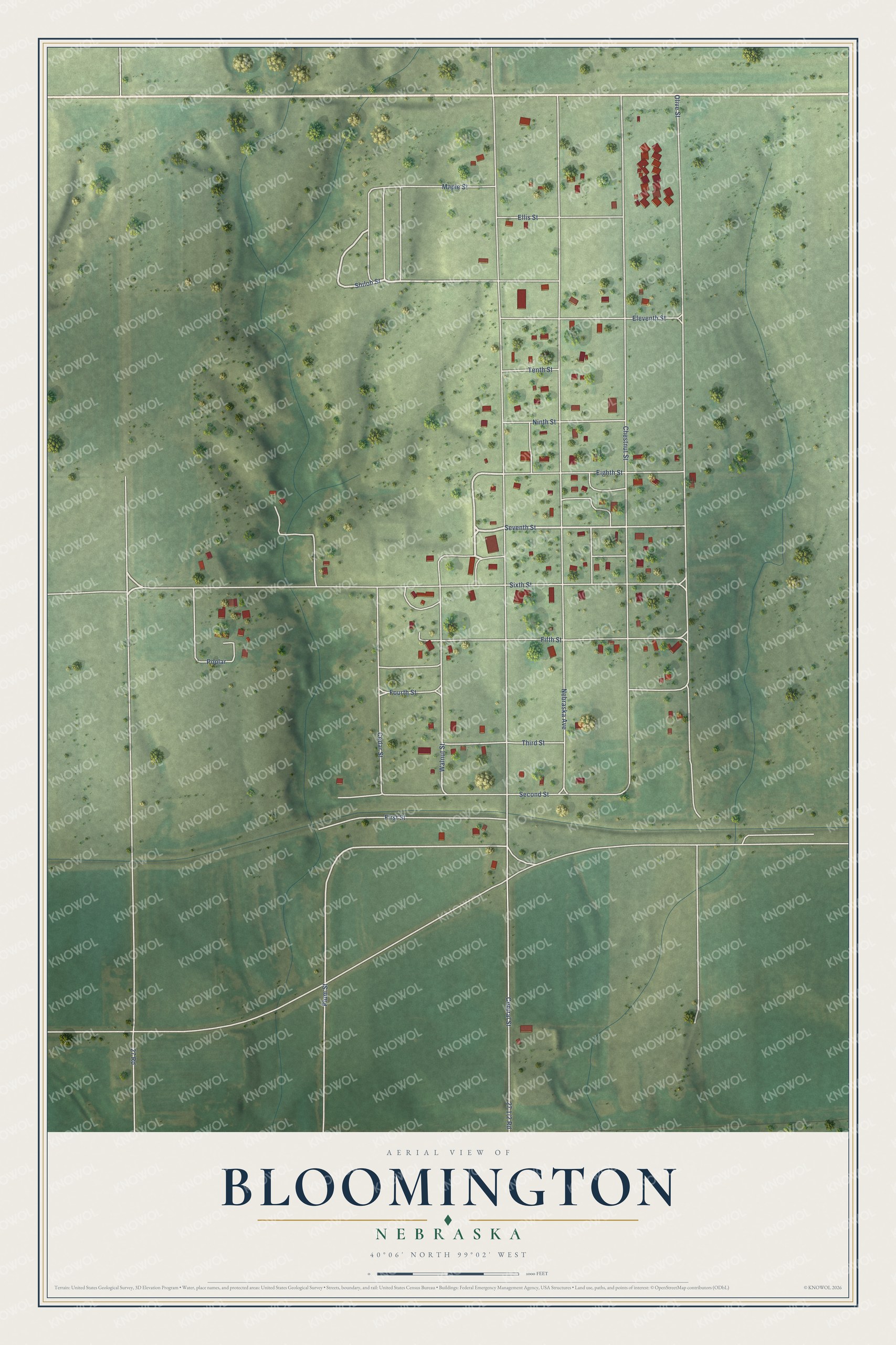 Full map of Bloomington, Nebraska, with red buildings, printed street names and the land around them
