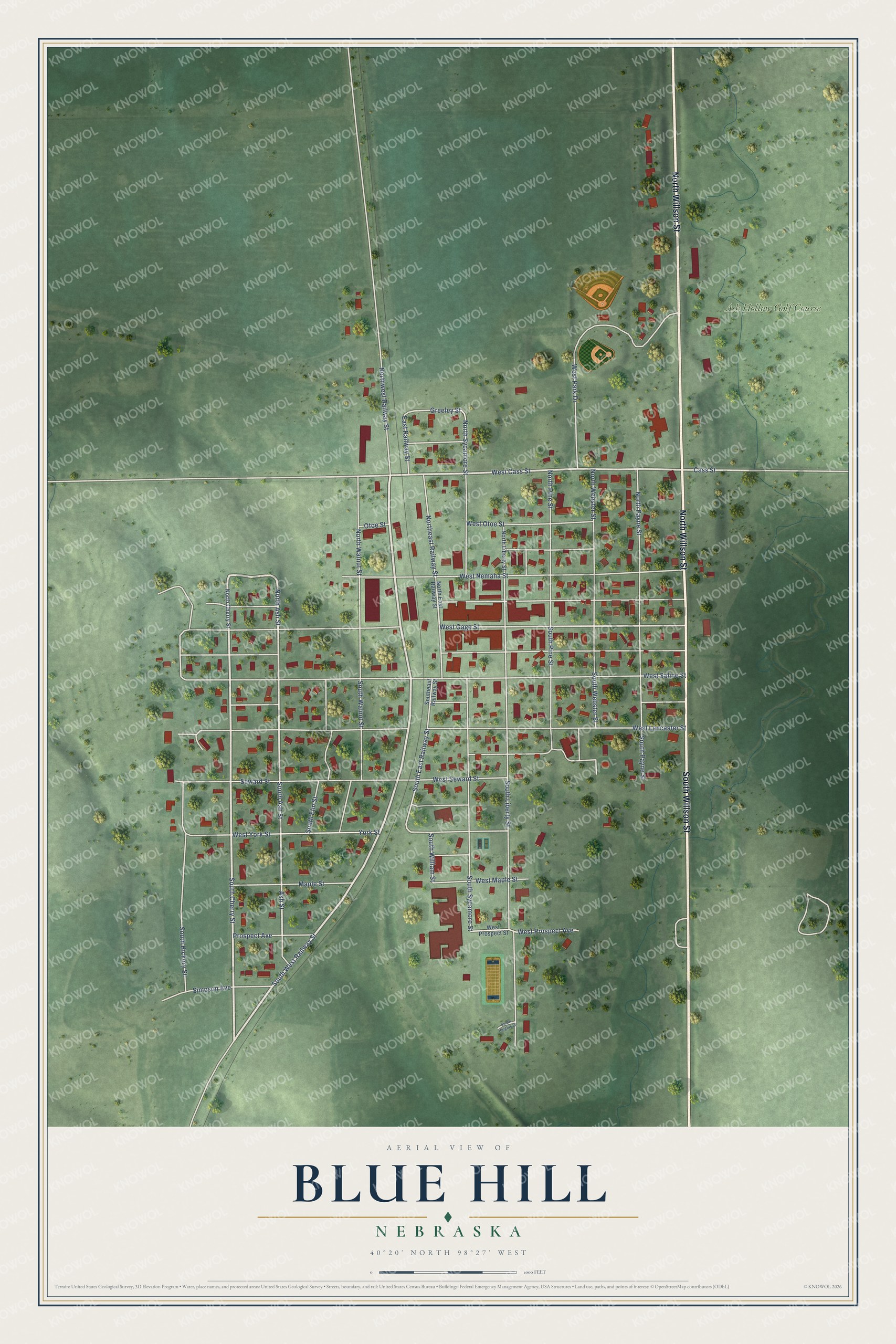 Full map of Blue Hill, Nebraska, with red buildings, printed street names and the land around them