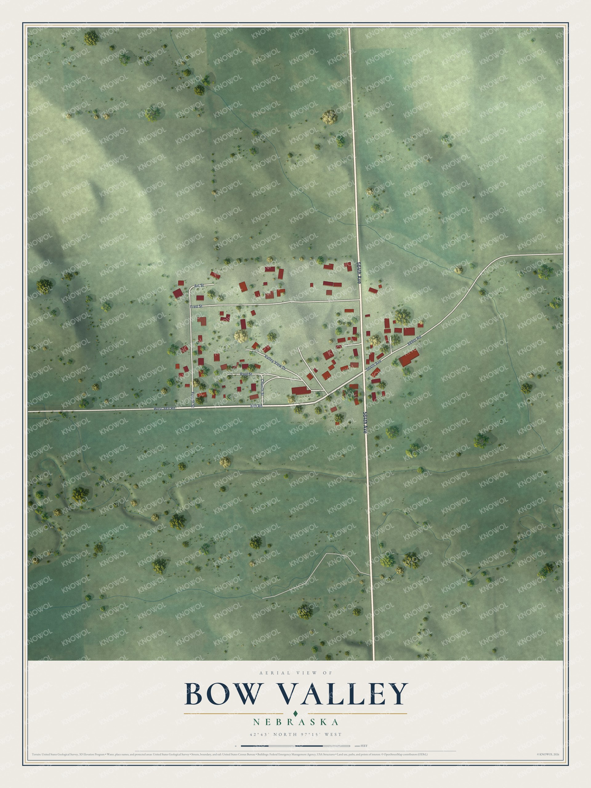 Full map of Bow Valley, Nebraska, with red buildings, printed street names and the land around them
