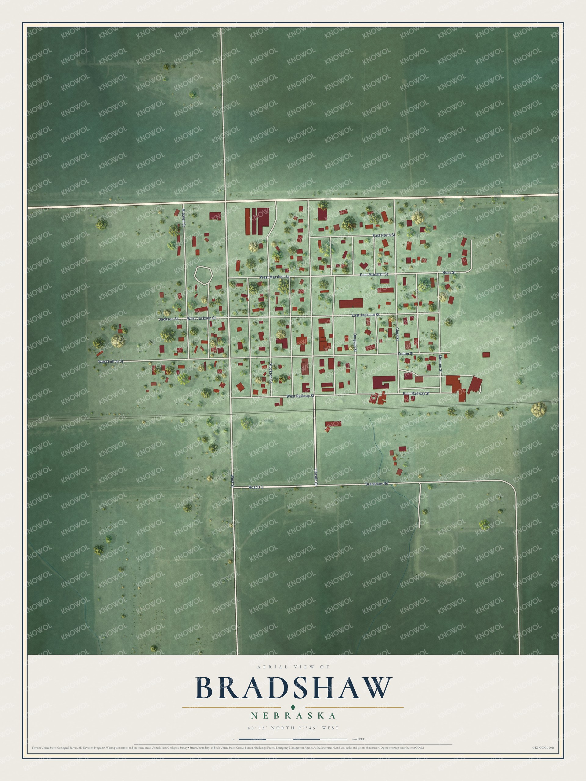 Full map of Bradshaw, Nebraska, with red buildings, printed street names and the land around them