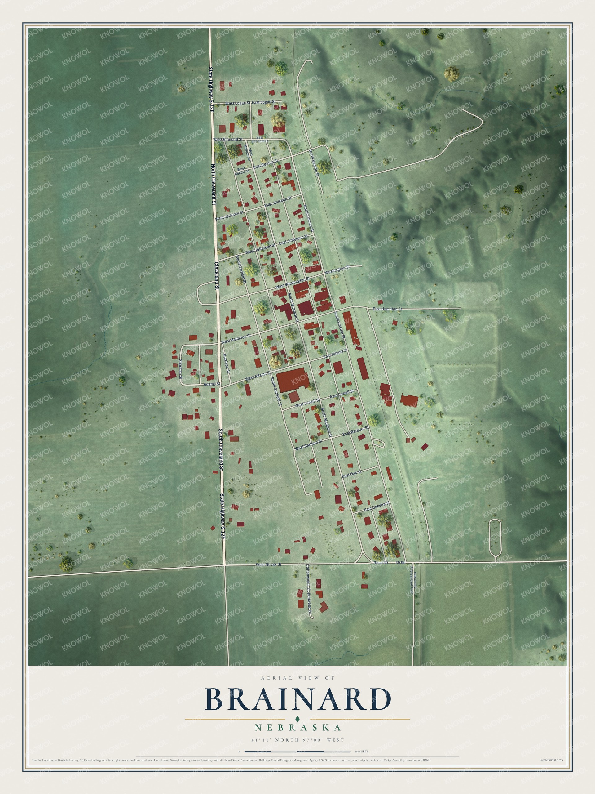 Full map of Brainard, Nebraska, with red buildings, printed street names and the land around them