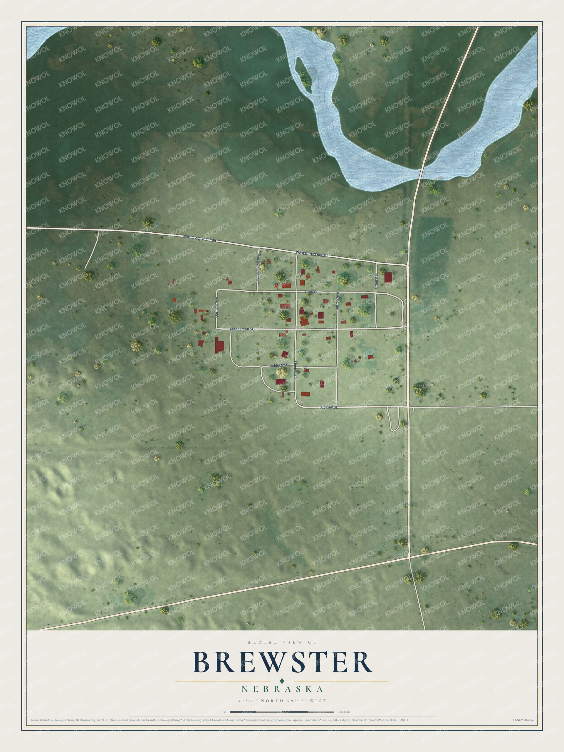 Full map of Brewster, Nebraska, with red buildings, printed street names and the land around them