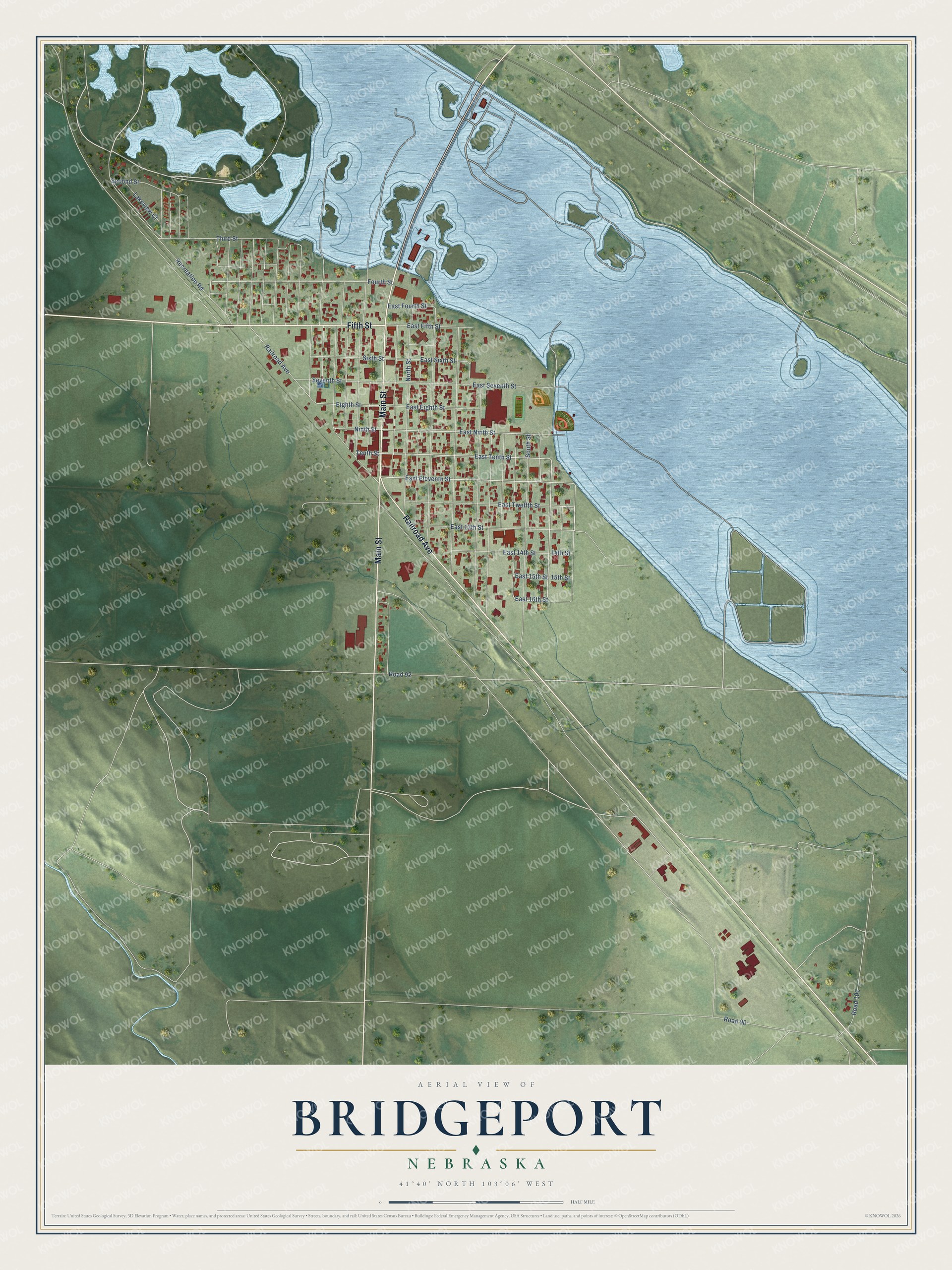 Full map of Bridgeport, Nebraska, with red buildings, printed street names and the land around them