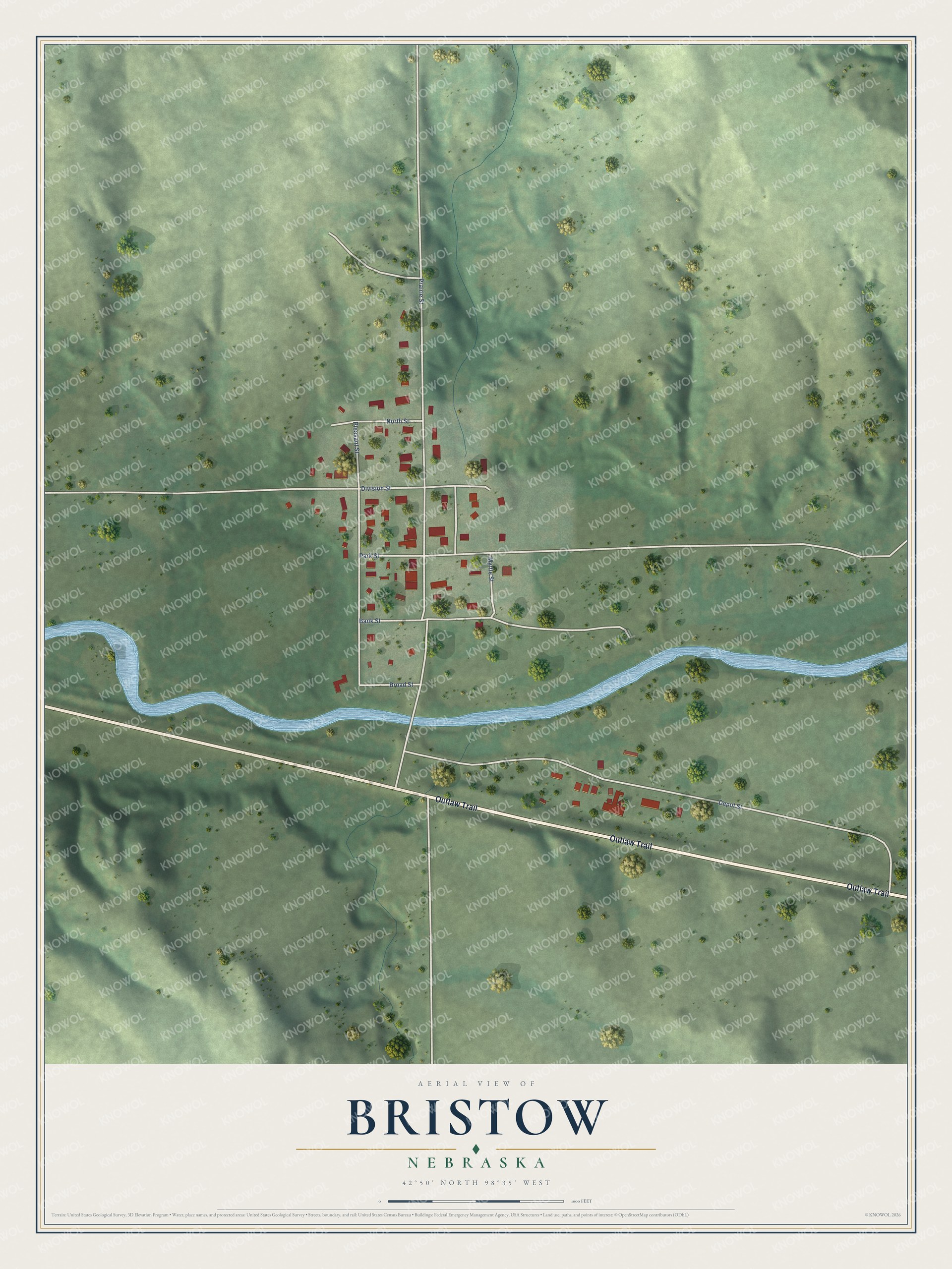 Full map of Bristow, Nebraska, with red buildings, printed street names and the land around them